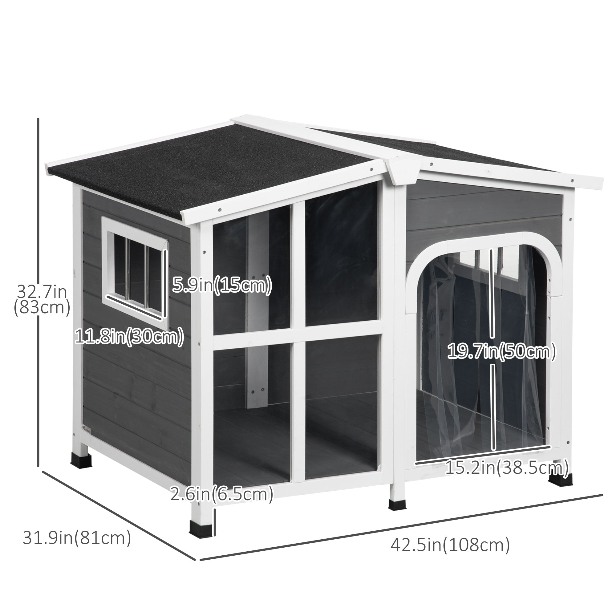 PawHut Wooden Dog House Outdoor with Removable Bottom, Cabin Style Raised Pet Kennel, with Openable Asphalt Roof, Door Curtain, Side Windows for Large Sized Dog, 88 Lbs., Dark Gray