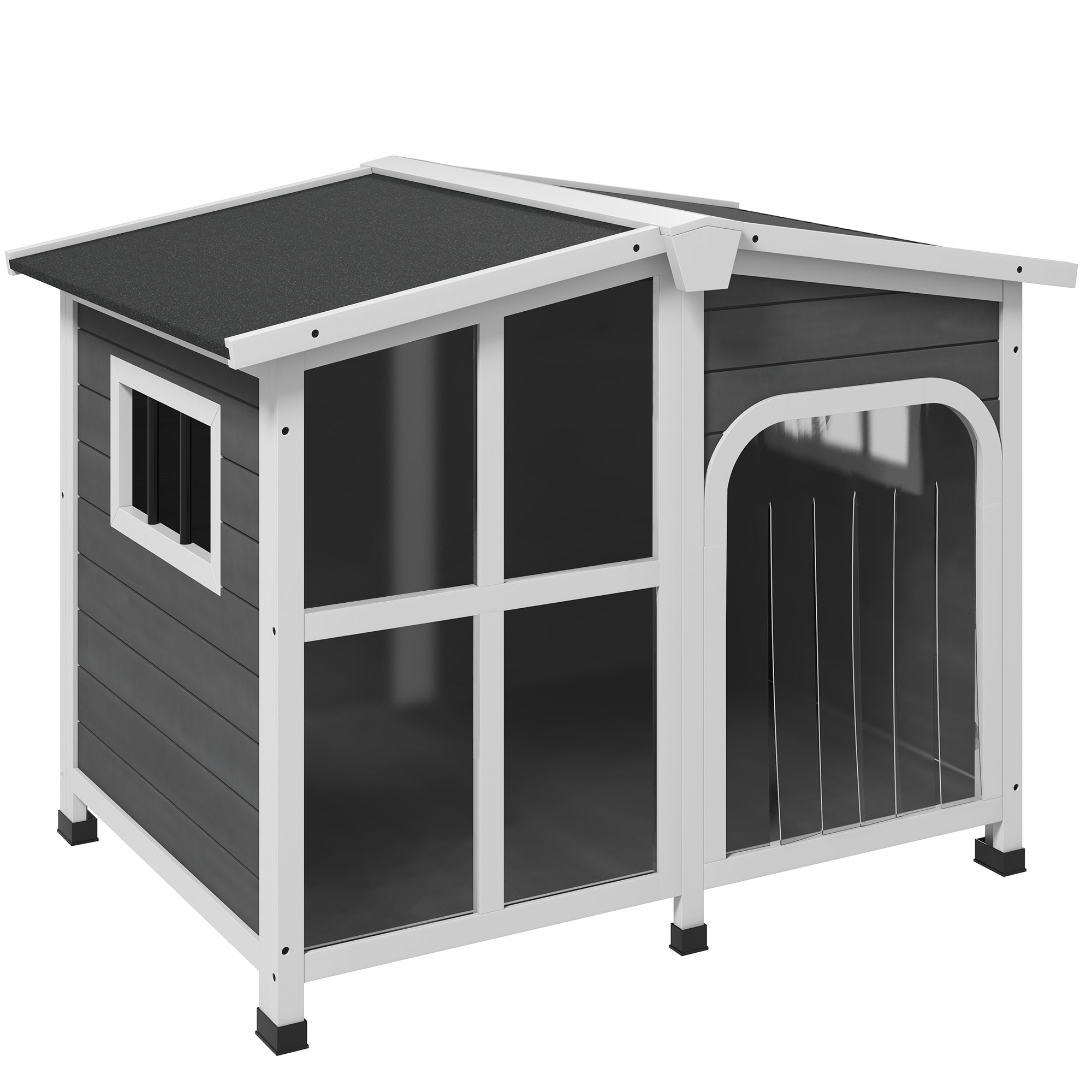 PawHut Wooden Dog House Outdoor with Removable Bottom, Cabin Style Raised Pet Kennel, with Openable Asphalt Roof, Door Curtain, Side Windows for Large Sized Dog, 88 Lbs., Dark Gray