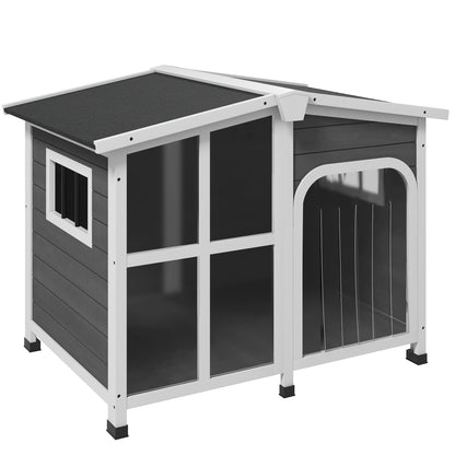 PawHut Wooden Dog House Outdoor with Removable Bottom, Cabin Style Raised Pet Kennel, with Openable Asphalt Roof, Door Curtain, Side Windows for Large Sized Dog, 88 Lbs., Dark Gray
