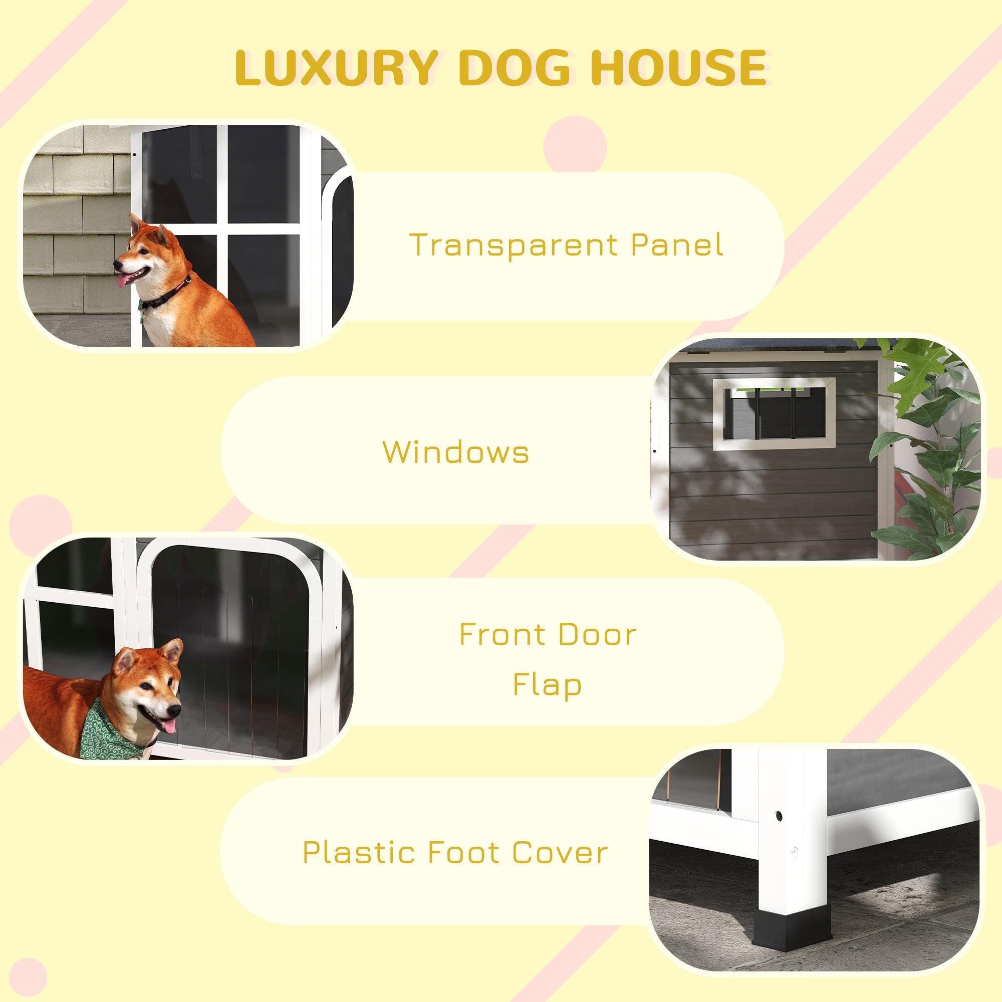 PawHut Wooden Dog House Outdoor with Removable Bottom, Cabin Style Raised Pet Kennel, with Openable Asphalt Roof, Door Curtain, Side Windows for Large Sized Dog, 88 Lbs., Dark Gray