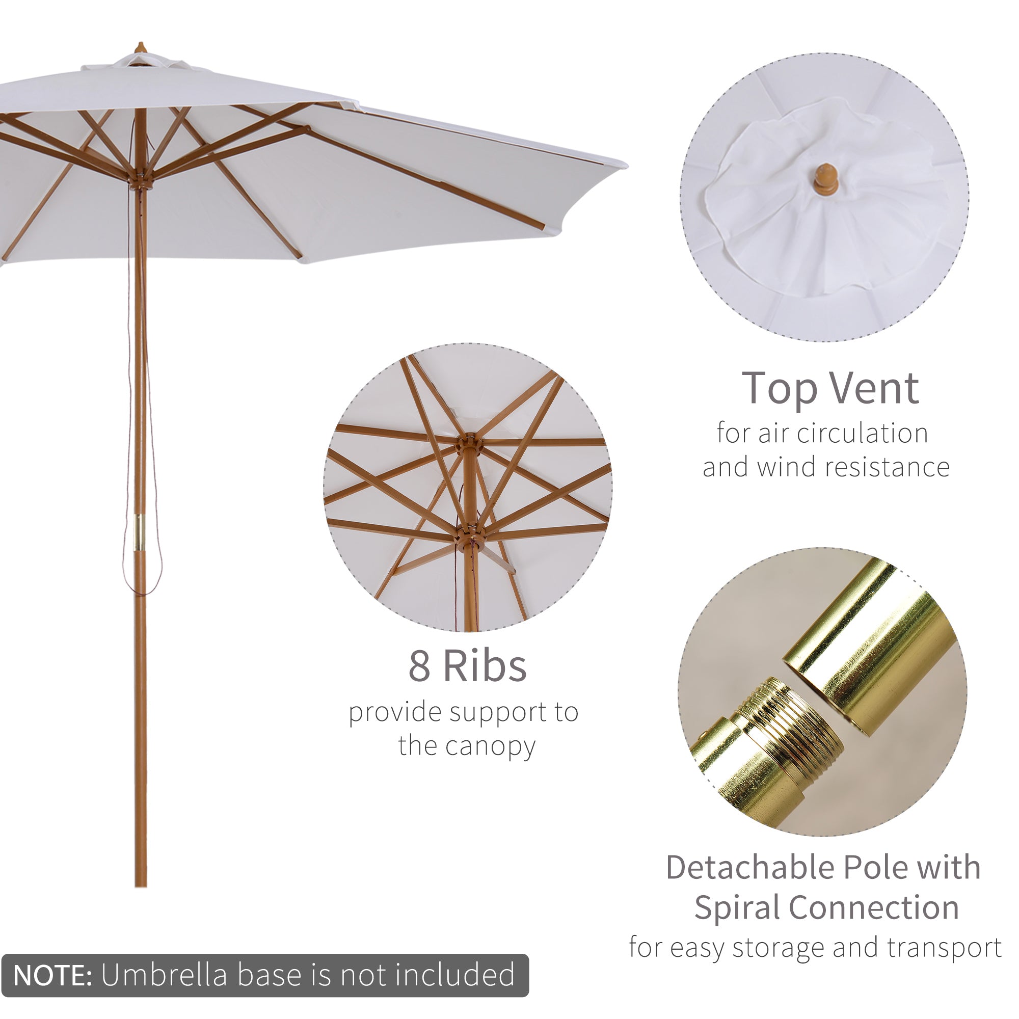 Outsunny 10' x 8' Bamboo Wooden Round Market Patio Sun Umbrella Garden Parasol Outdoor Sunshade Canopy, Cream White
