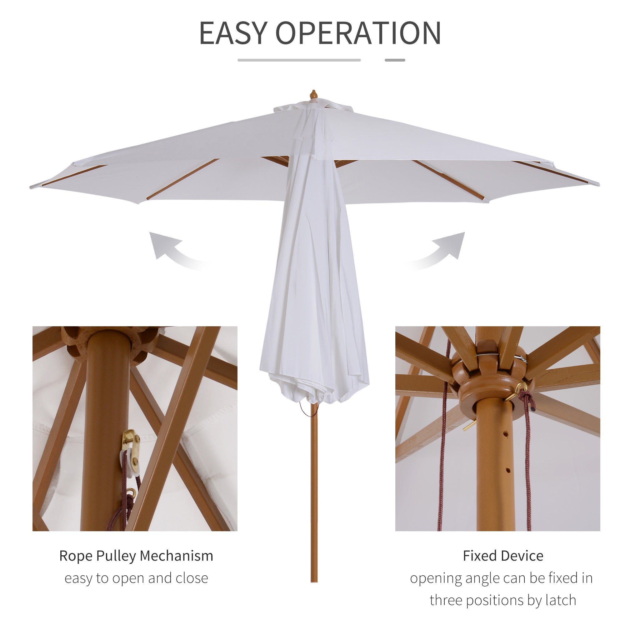 Outsunny 10' x 8' Bamboo Wooden Round Market Patio Sun Umbrella Garden Parasol Outdoor Sunshade Canopy, Cream White