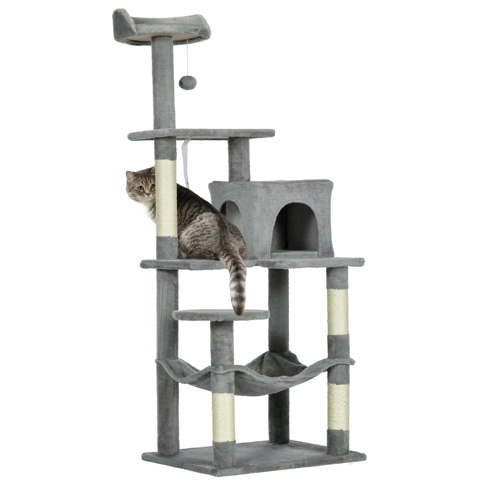 PawHut Tall Cat Tree for Indoor Cats, 57" Multi-Level Cat Tower with Hammock, Cat Bed, Cat Condo with Sisal Scratching Posts, Grey