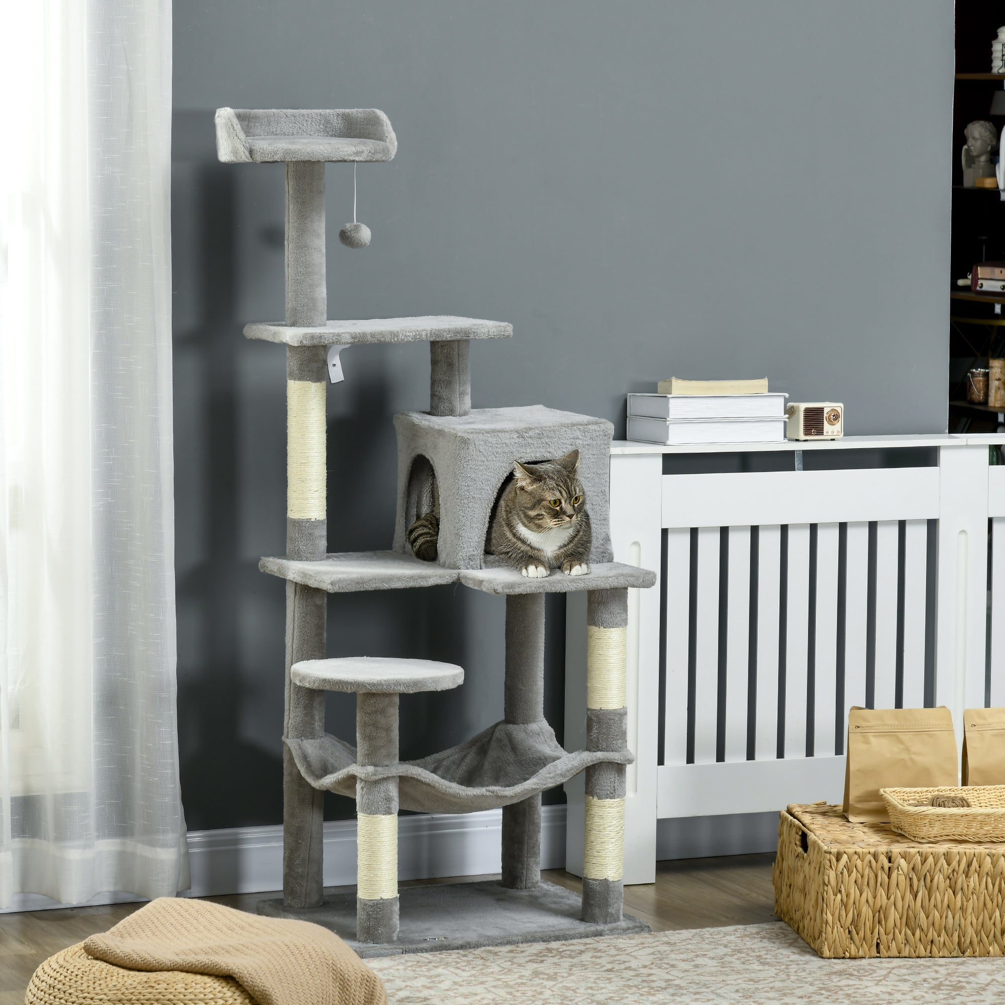 PawHut Tall Cat Tree for Indoor Cats, 57" Multi-Level Cat Tower with Hammock, Cat Bed, Cat Condo with Sisal Scratching Posts, Grey