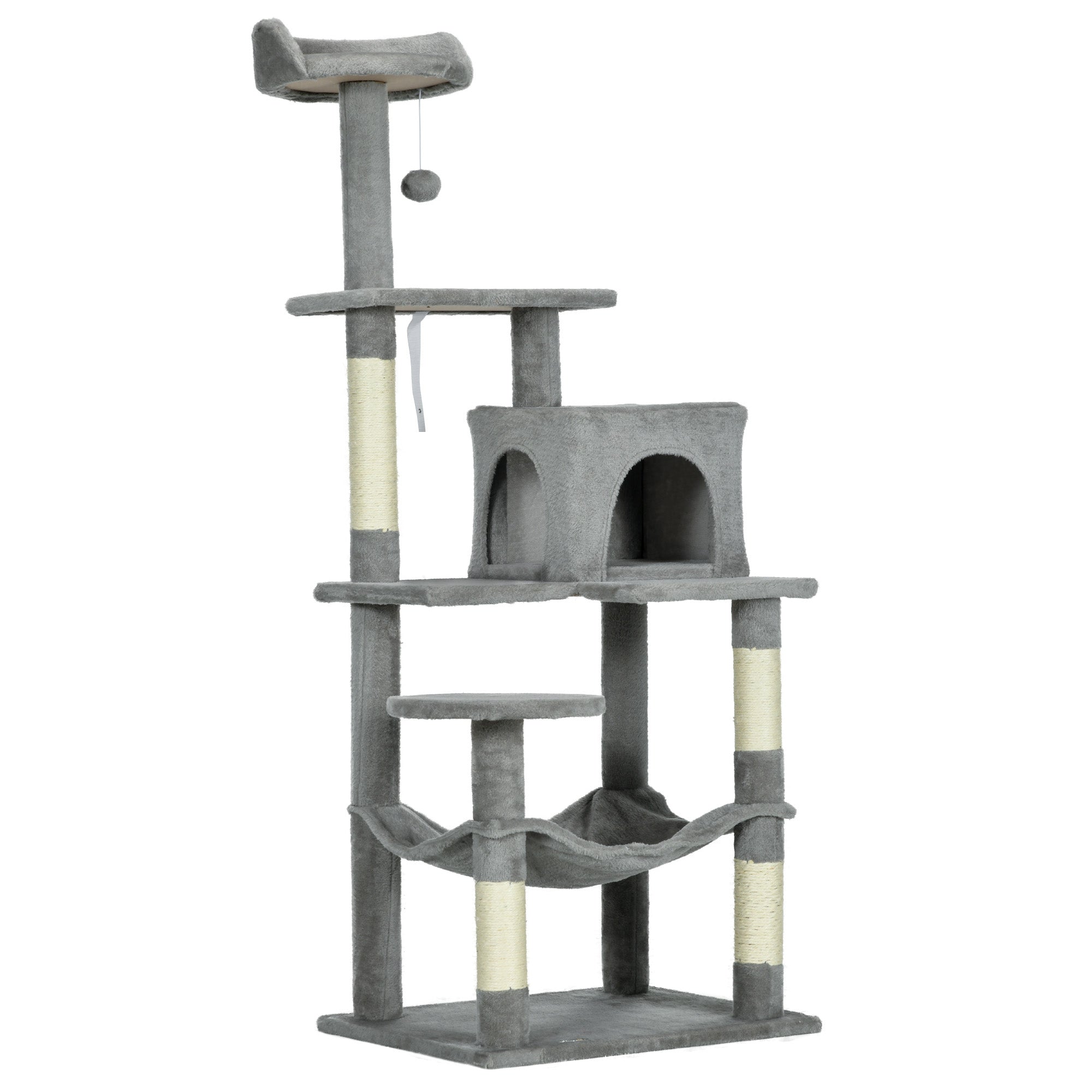 PawHut Tall Cat Tree for Indoor Cats, 57" Multi-Level Cat Tower with Hammock, Cat Bed, Cat Condo with Sisal Scratching Posts, Grey