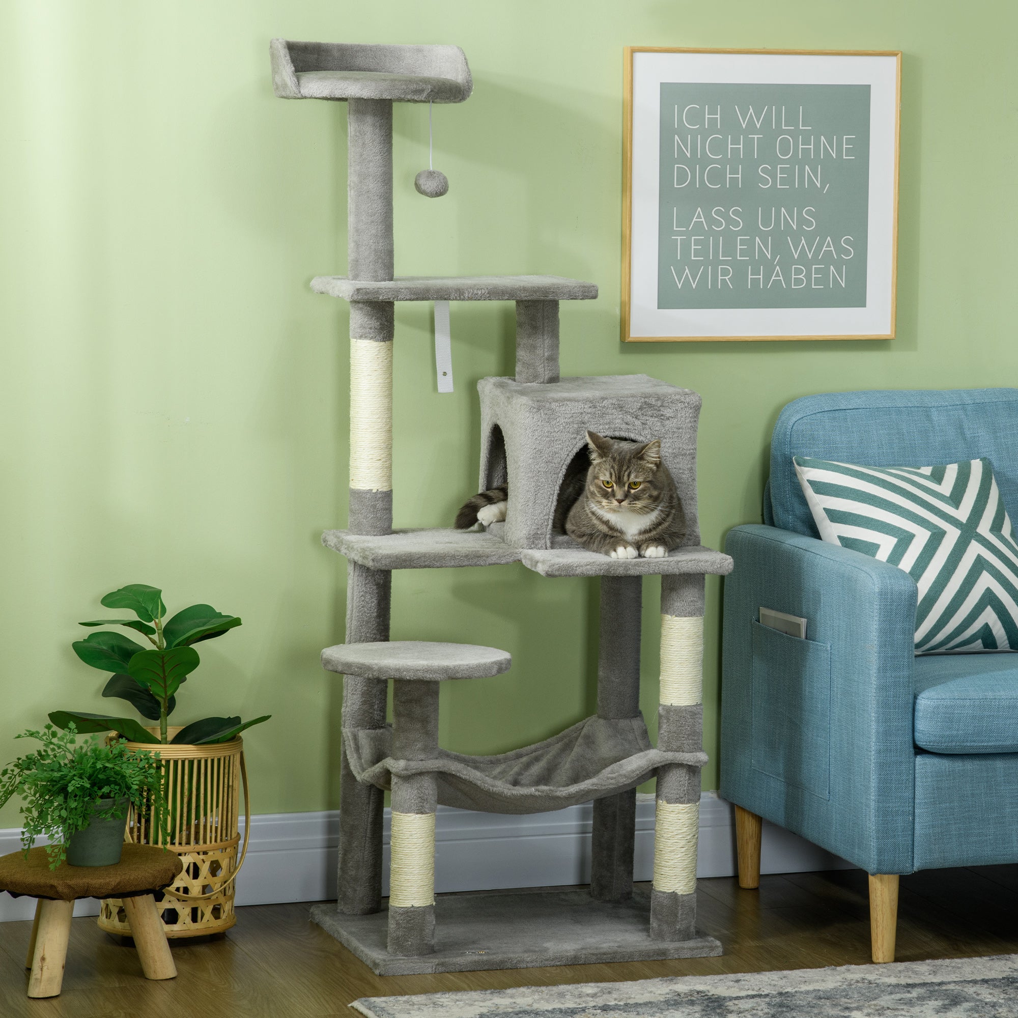PawHut Tall Cat Tree for Indoor Cats, 57" Multi-Level Cat Tower with Hammock, Cat Bed, Cat Condo with Sisal Scratching Posts, Grey