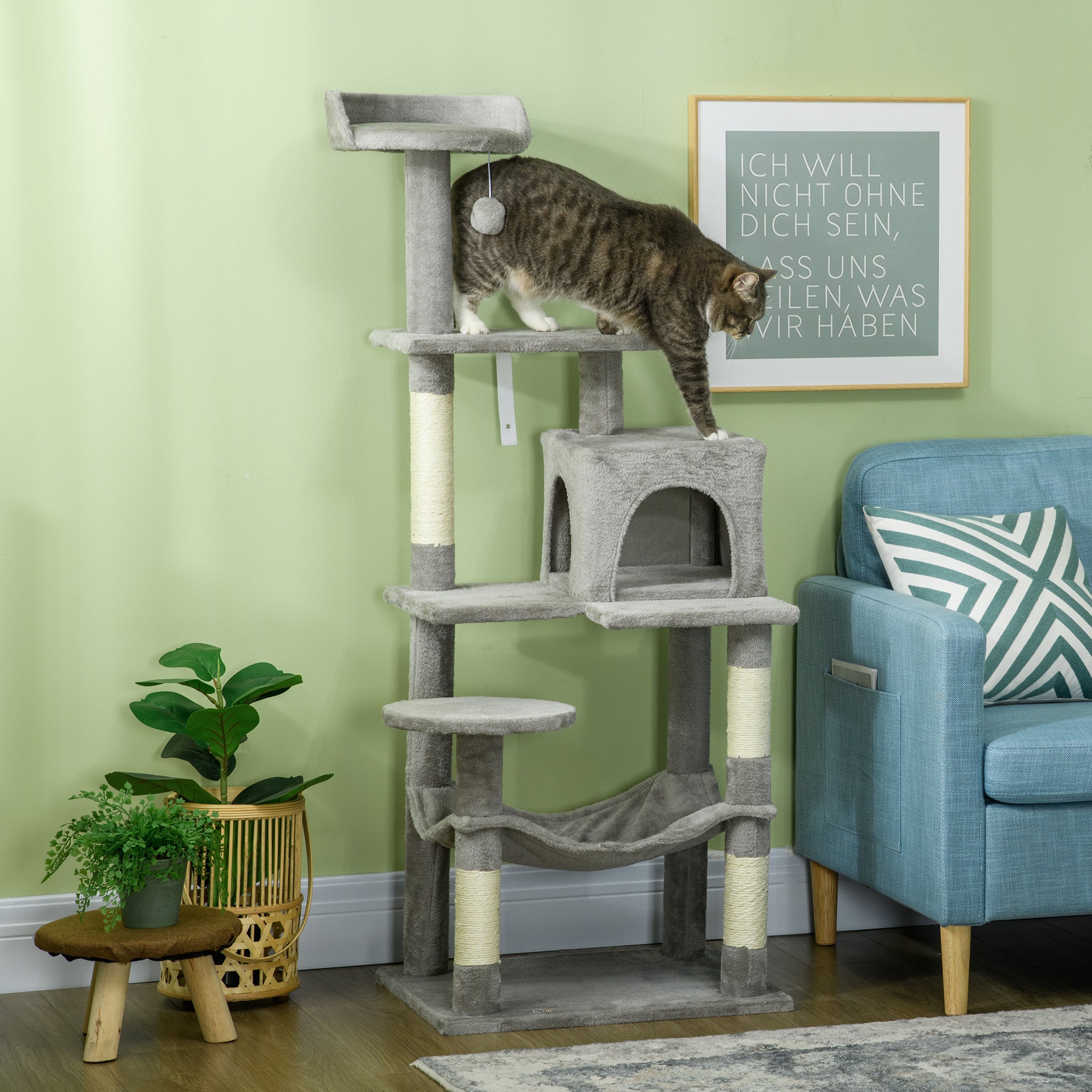 PawHut Tall Cat Tree for Indoor Cats, 57" Multi-Level Cat Tower with Hammock, Cat Bed, Cat Condo with Sisal Scratching Posts, Grey