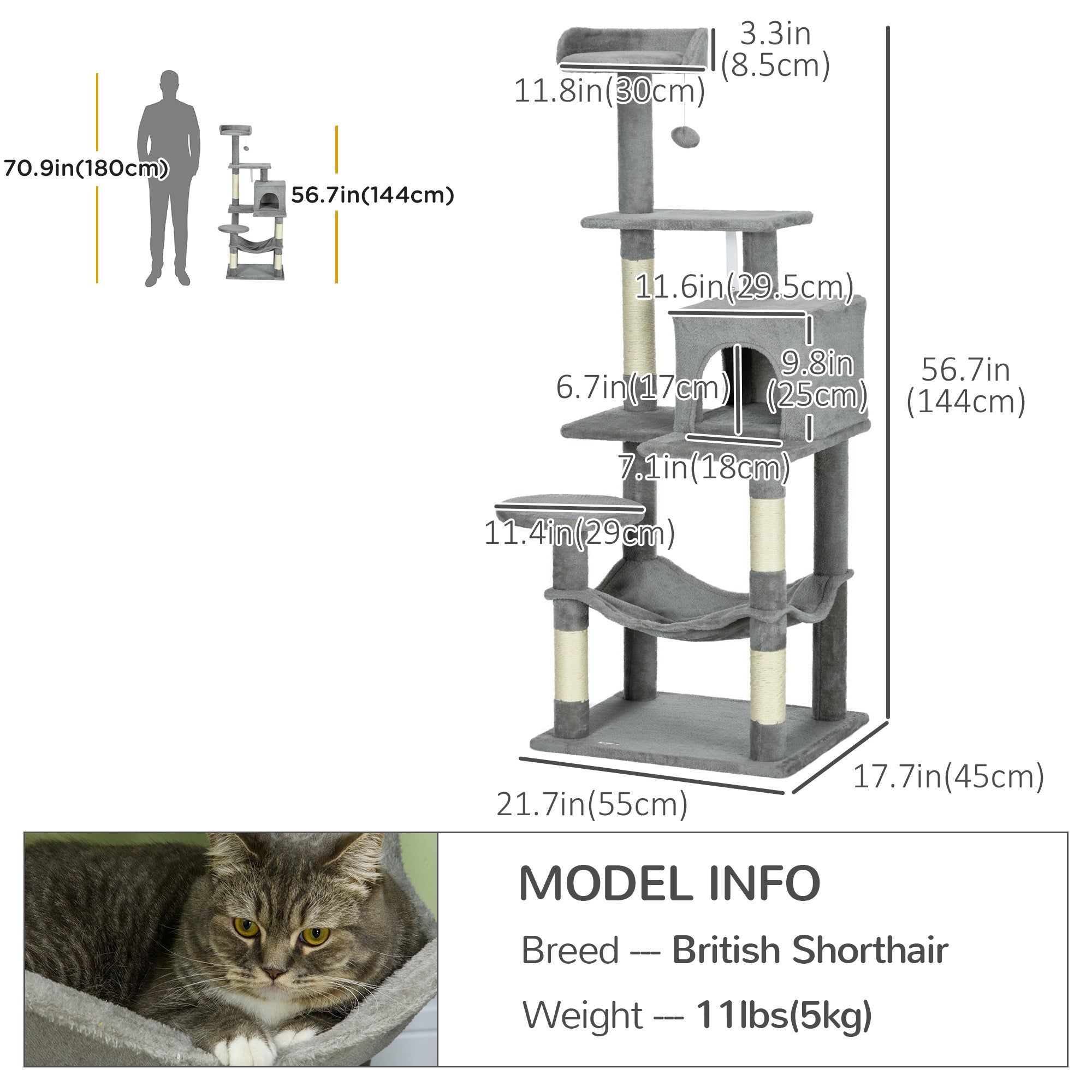PawHut Tall Cat Tree for Indoor Cats, 57" Multi-Level Cat Tower with Hammock, Cat Bed, Cat Condo with Sisal Scratching Posts, Grey