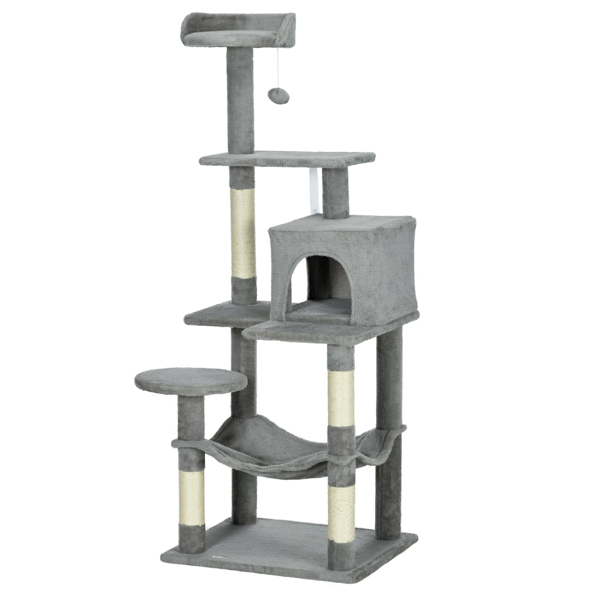 PawHut Tall Cat Tree for Indoor Cats, 57" Multi-Level Cat Tower with Hammock, Cat Bed, Cat Condo with Sisal Scratching Posts, Grey