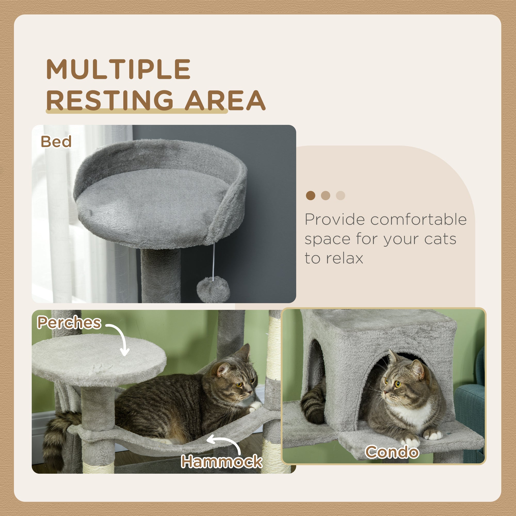 PawHut Tall Cat Tree for Indoor Cats, 57" Multi-Level Cat Tower with Hammock, Cat Bed, Cat Condo with Sisal Scratching Posts, Grey