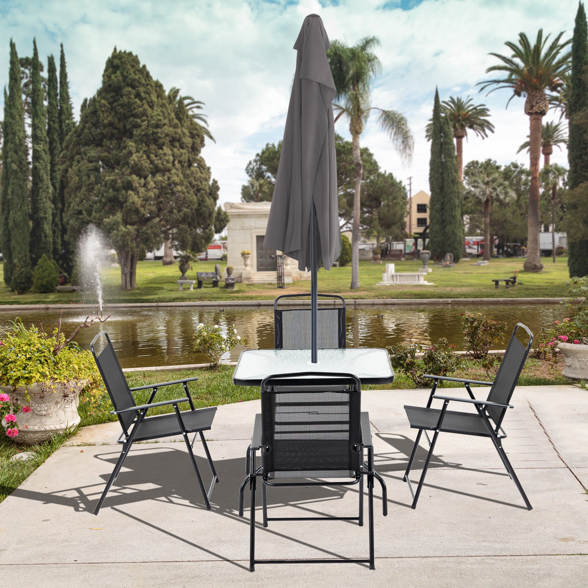 Outsunny 5 Pieces Patio Table and Chairs, Outdoor Dining Set with 4 Folding Chairs, Tempered Glass Tabletop and Parasol Hole, Breathable Mesh Patio Dining Set for Garden, Black