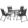 Outsunny 5 Pieces Patio Table and Chairs, Outdoor Dining Set with 4 Folding Chairs, Tempered Glass Tabletop and Parasol Hole, Breathable Mesh Patio Dining Set for Garden, Black