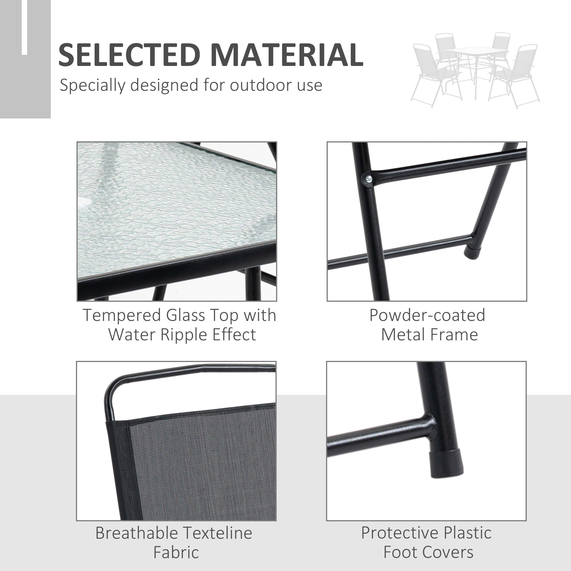 Outsunny 5 Pieces Patio Table and Chairs, Outdoor Dining Set with 4 Folding Chairs, Tempered Glass Tabletop and Parasol Hole, Breathable Mesh Patio Dining Set for Garden, Black