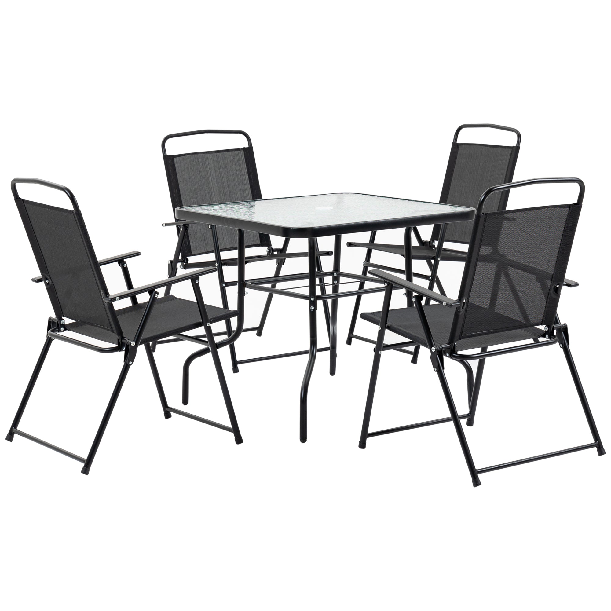 Outsunny 5 Pieces Patio Table and Chairs, Outdoor Dining Set with 4 Folding Chairs, Tempered Glass Tabletop and Parasol Hole, Breathable Mesh Patio Dining Set for Garden, Black
