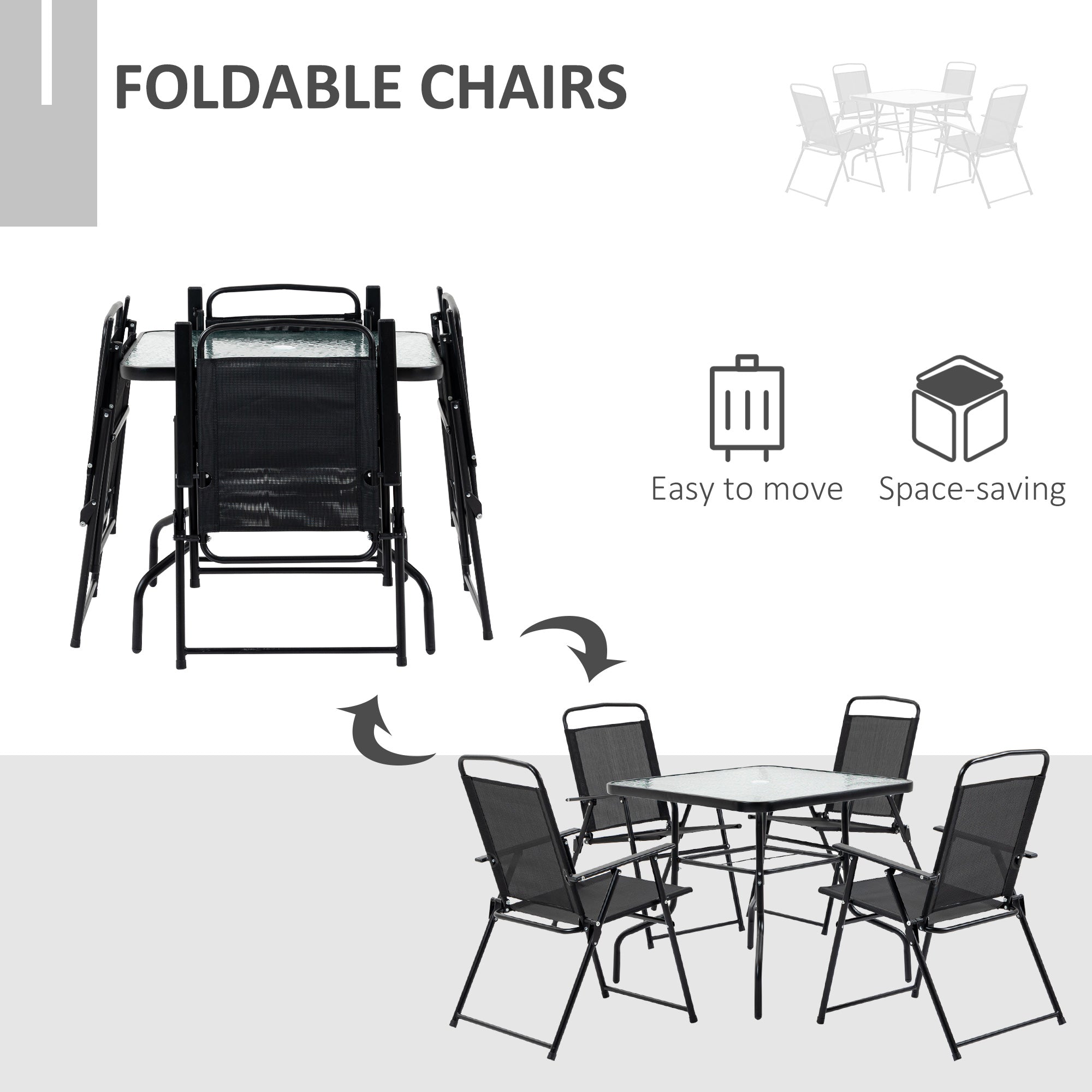 Outsunny 5 Pieces Patio Table and Chairs, Outdoor Dining Set with 4 Folding Chairs, Tempered Glass Tabletop and Parasol Hole, Breathable Mesh Patio Dining Set for Garden, Black