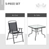 Outsunny 5 Pieces Patio Table and Chairs, Outdoor Dining Set with 4 Folding Chairs, Tempered Glass Tabletop and Parasol Hole, Breathable Mesh Patio Dining Set for Garden, Black