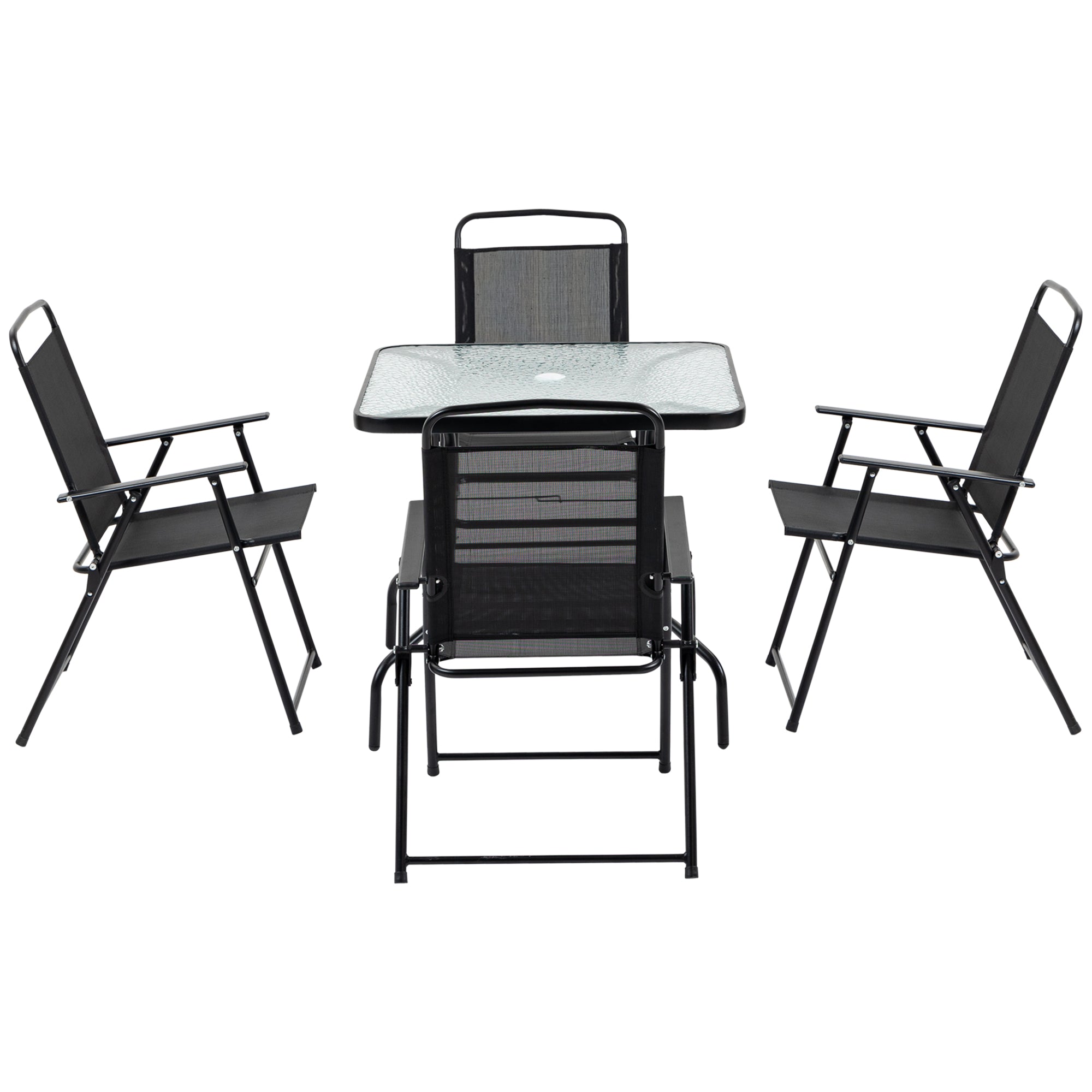 Outsunny 5 Pieces Patio Table and Chairs, Outdoor Dining Set with 4 Folding Chairs, Tempered Glass Tabletop and Parasol Hole, Breathable Mesh Patio Dining Set for Garden, Black