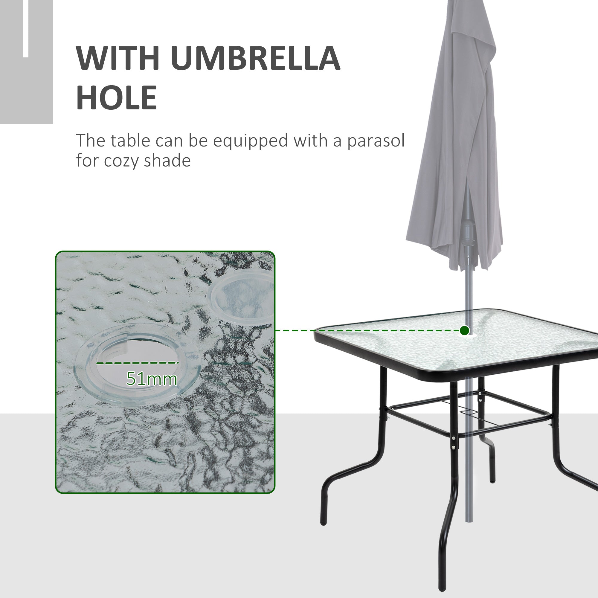 Outsunny 5 Pieces Patio Table and Chairs, Outdoor Dining Set with 4 Folding Chairs, Tempered Glass Tabletop and Parasol Hole, Breathable Mesh Patio Dining Set for Garden, Black