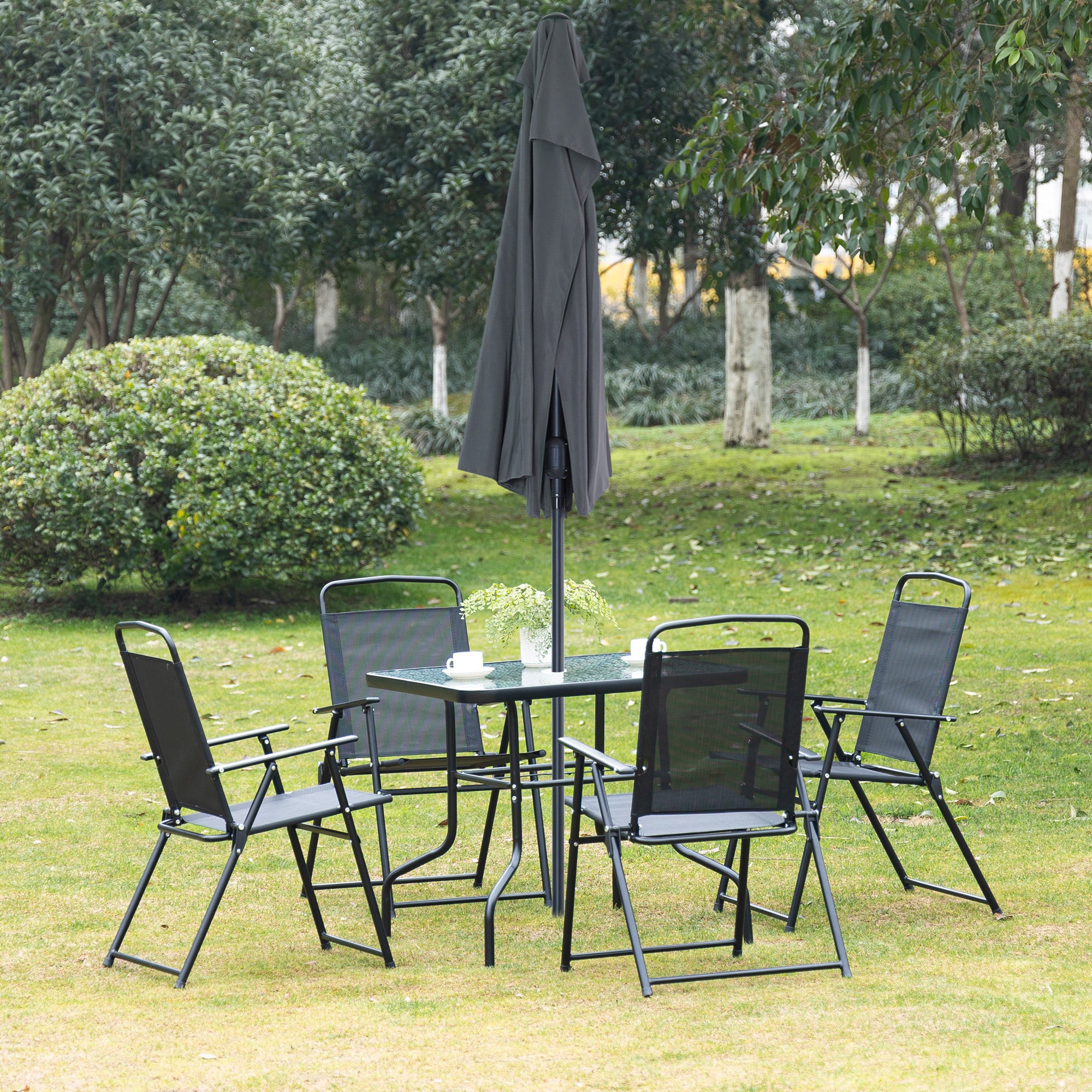 Outsunny 5 Pieces Patio Table and Chairs, Outdoor Dining Set with 4 Folding Chairs, Tempered Glass Tabletop and Parasol Hole, Breathable Mesh Patio Dining Set for Garden, Black