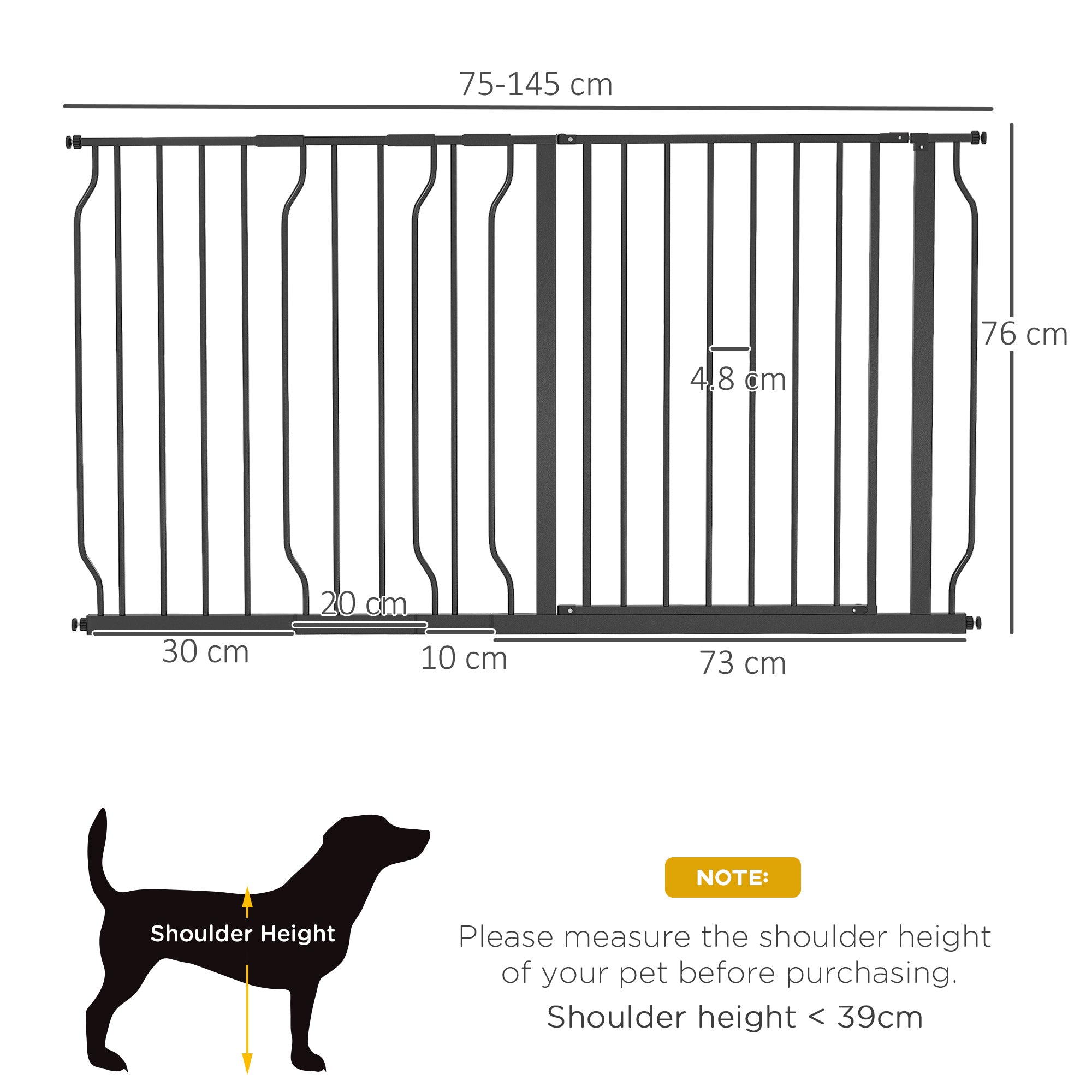 PawHut Dog Gate Wide Stair Gate w/ Door Pressure Fit Pets Barrier for Doorway, Hallway, 76H x 75-145W cm - Black