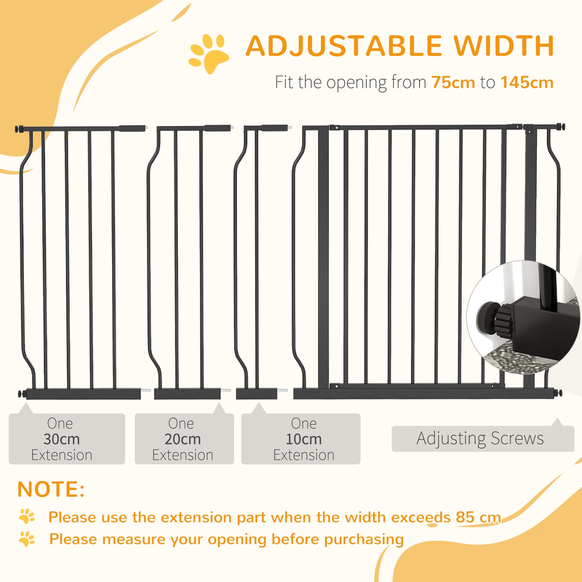 PawHut Dog Gate Wide Stair Gate w/ Door Pressure Fit Pets Barrier for Doorway, Hallway, 76H x 75-145W cm - Black
