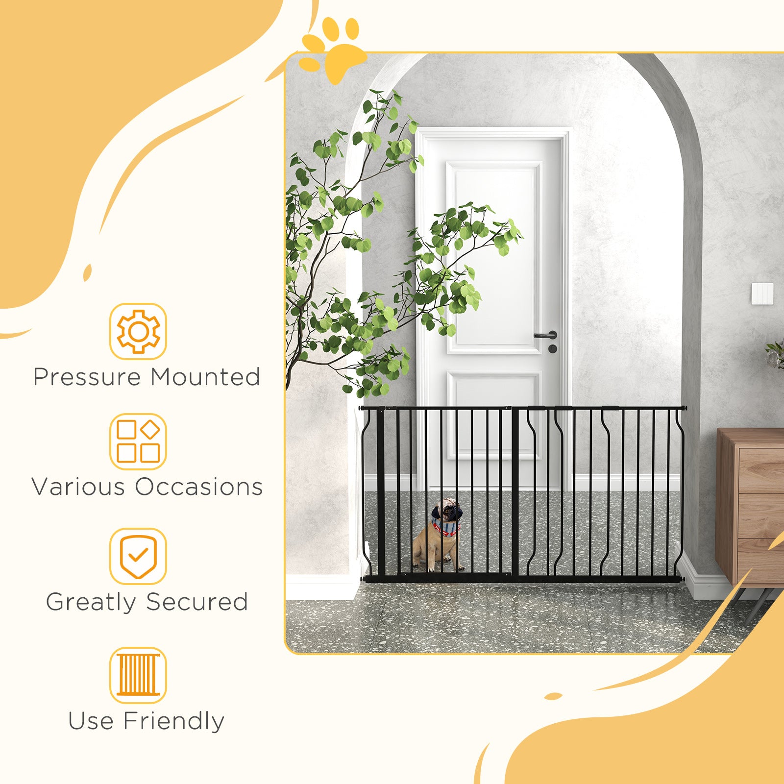 PawHut Dog Gate Wide Stair Gate w/ Door Pressure Fit Pets Barrier for Doorway, Hallway, 76H x 75-145W cm - Black