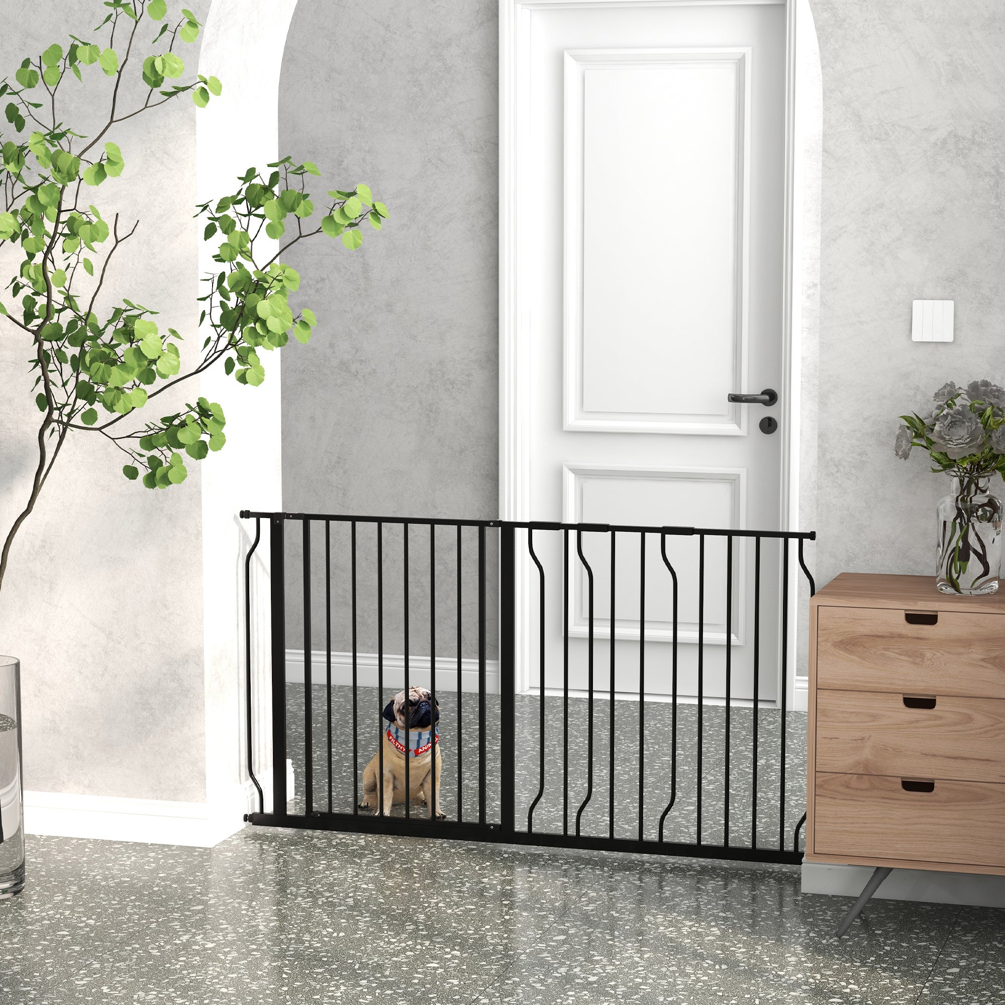 PawHut Dog Gate Wide Stair Gate w/ Door Pressure Fit Pets Barrier for Doorway, Hallway, 76H x 75-145W cm - Black