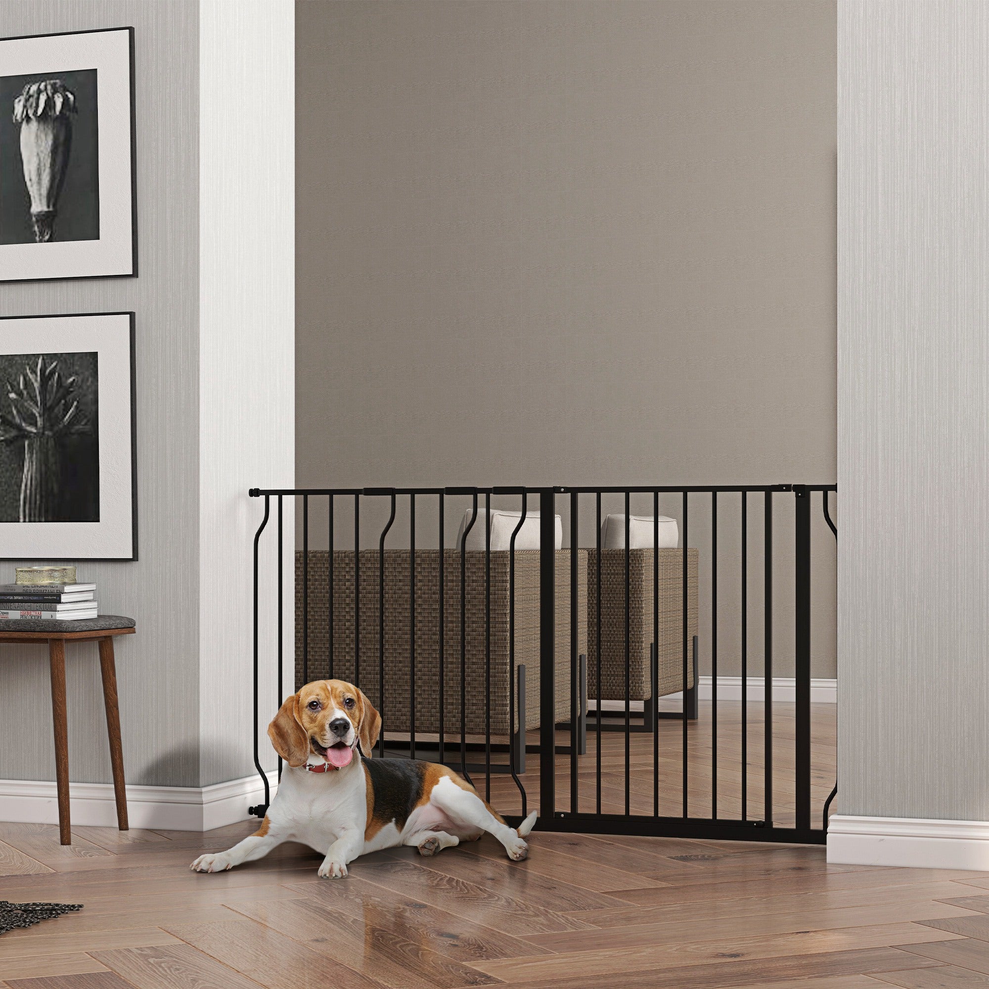 PawHut Dog Gate Wide Stair Gate w/ Door Pressure Fit Pets Barrier for Doorway, Hallway, 76H x 75-145W cm - Black