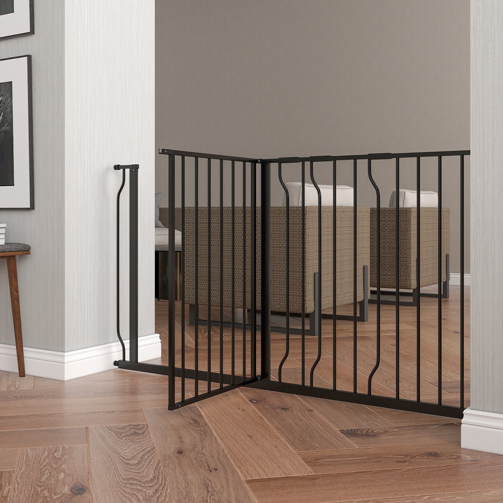 PawHut Dog Gate Wide Stair Gate w/ Door Pressure Fit Pets Barrier for Doorway, Hallway, 76H x 75-145W cm - Black