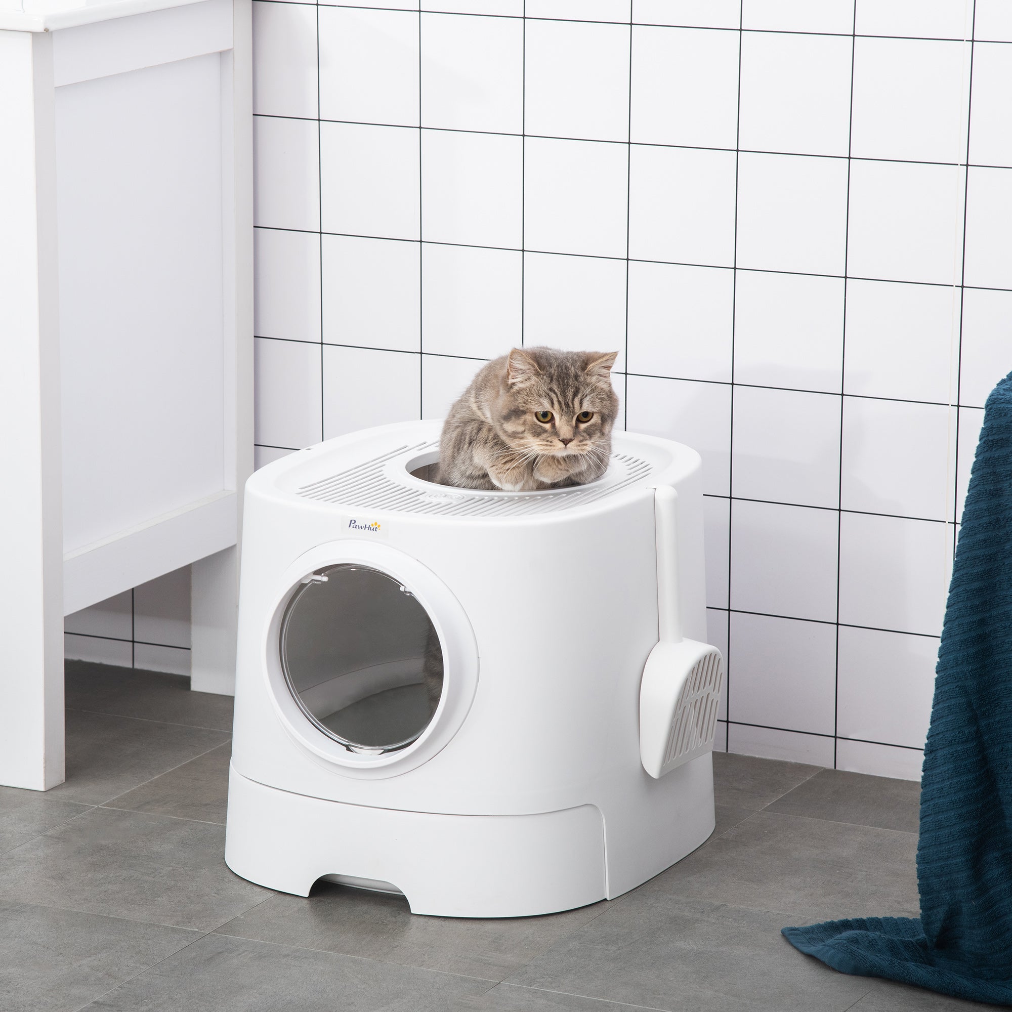 PawHut Cat Litter Box Portable Pet Toilet Fully Enclosed Kitten Pan w/ Scoop, White