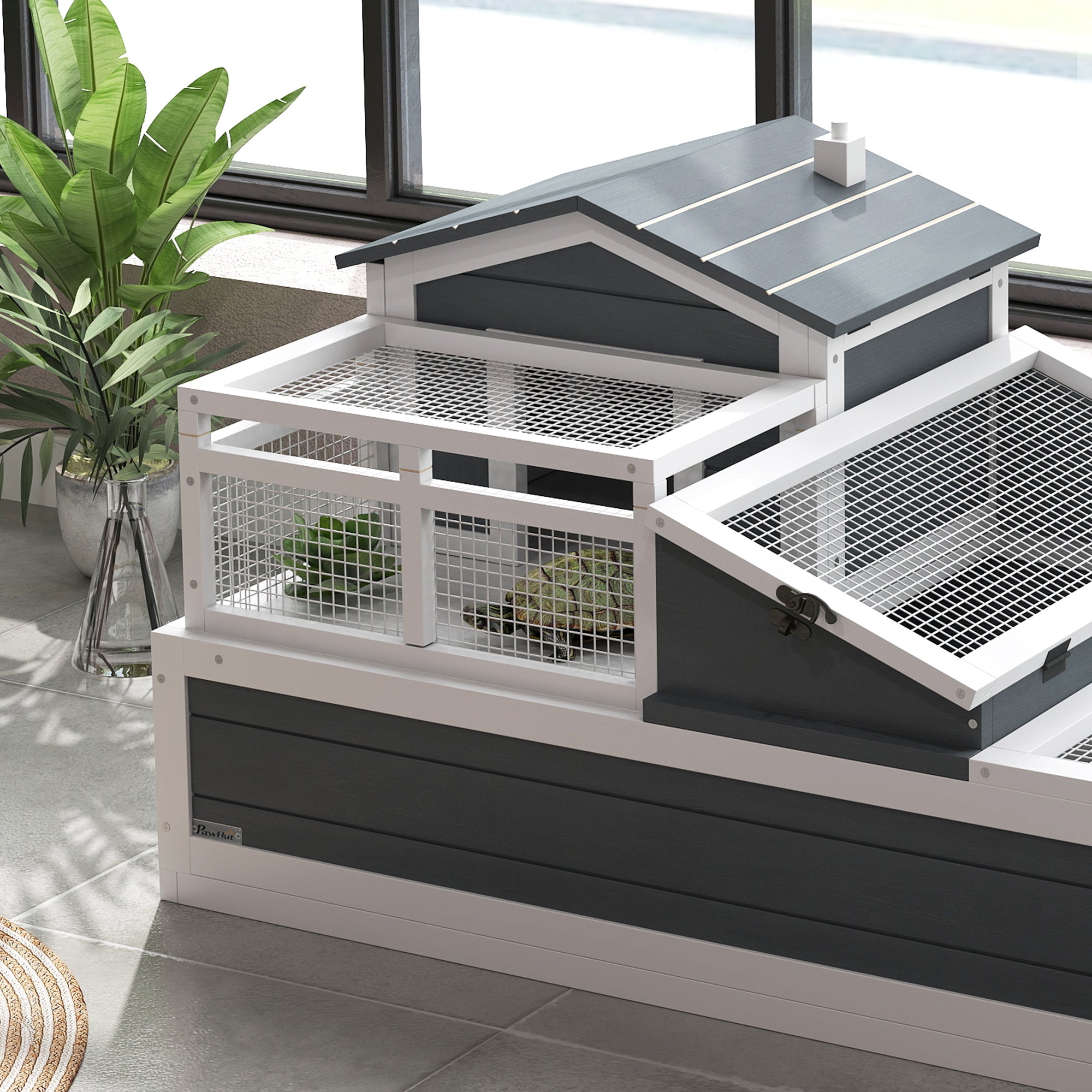 PawHut 3- Room Tortoise House Habitat with Balcony & 2 Stories, Indoor/ Outdoor Wooden Tortoise Enclosure with Ladder, Tray, Openable Roof, Large Reptile Cage, 44" x 25.5" x 23", Gray
