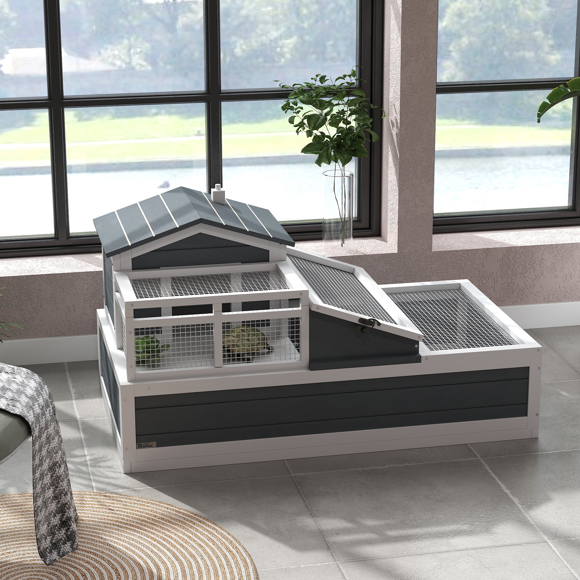 PawHut 3- Room Tortoise House Habitat with Balcony & 2 Stories, Indoor/ Outdoor Wooden Tortoise Enclosure with Ladder, Tray, Openable Roof, Large Reptile Cage, 44" x 25.5" x 23", Gray