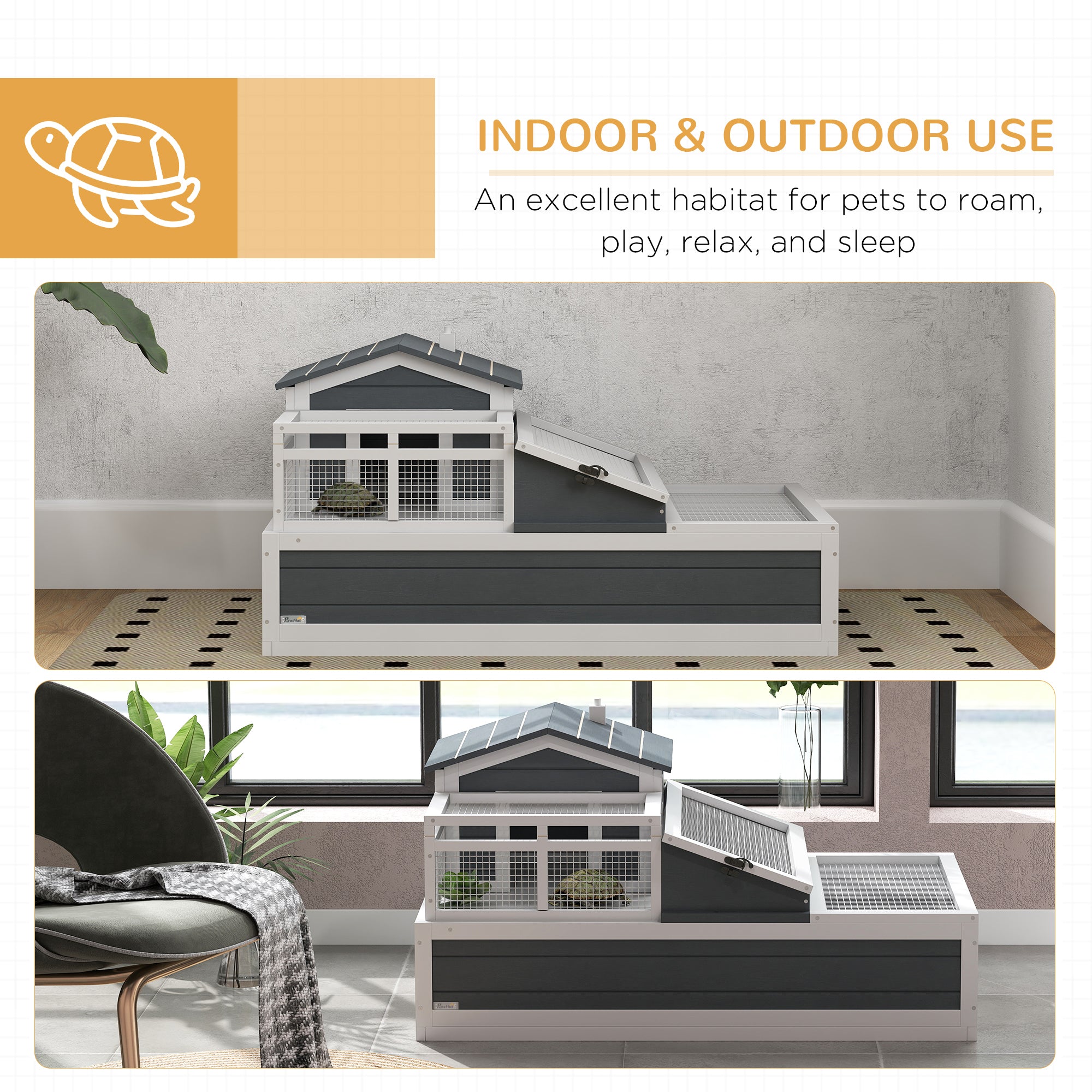 PawHut 3- Room Tortoise House Habitat with Balcony & 2 Stories, Indoor/ Outdoor Wooden Tortoise Enclosure with Ladder, Tray, Openable Roof, Large Reptile Cage, 44" x 25.5" x 23", Gray