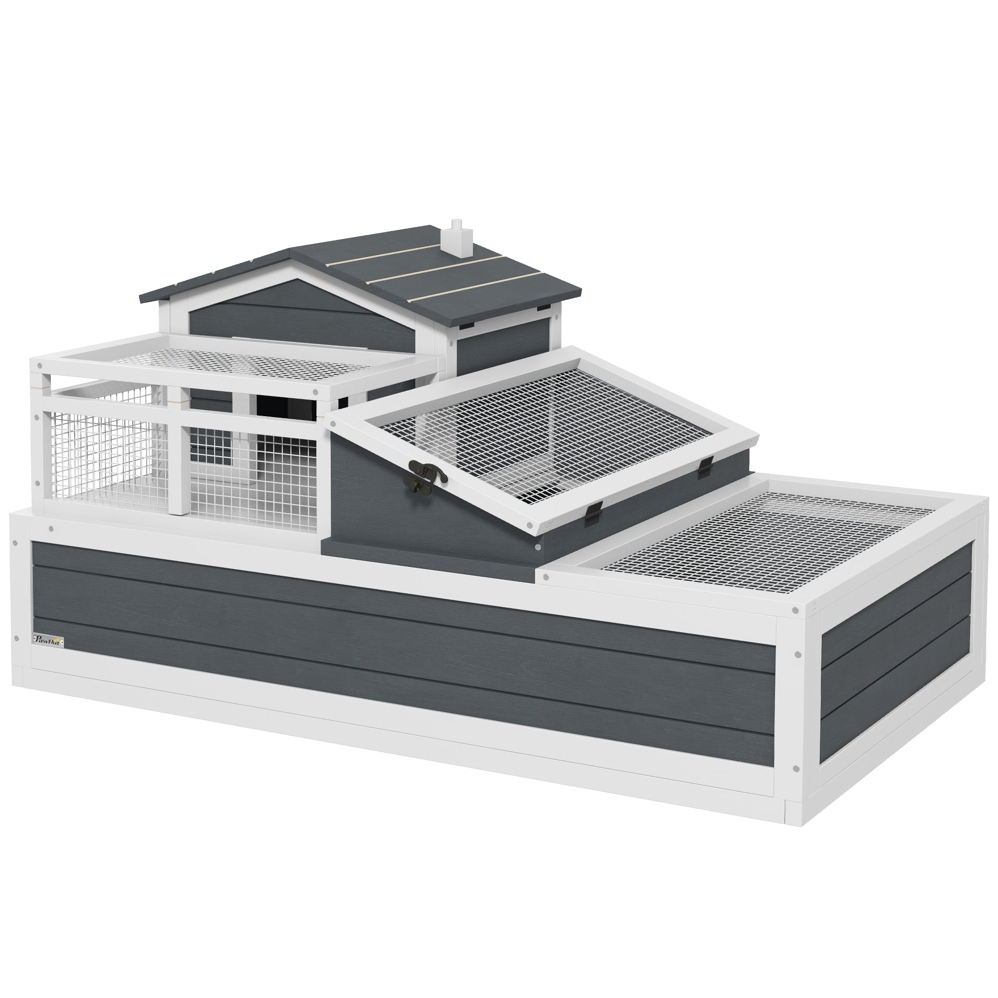 PawHut 3- Room Tortoise House Habitat with Balcony & 2 Stories, Indoor/ Outdoor Wooden Tortoise Enclosure with Ladder, Tray, Openable Roof, Large Reptile Cage, 44" x 25.5" x 23", Gray