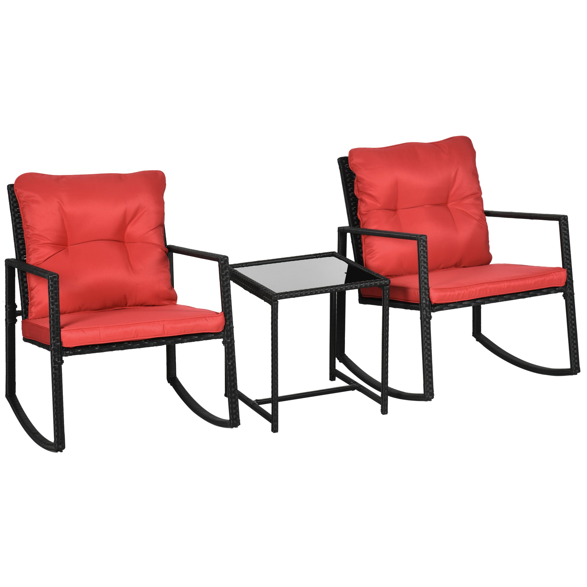 Outsunny 3 Pieces Rocking Bistro Set, Outdoor Wicker Patio Furniture with Glass Coffee Table and Outside Rocking Chairs for Porch, Conversation Sets with Thick Cushions, Red