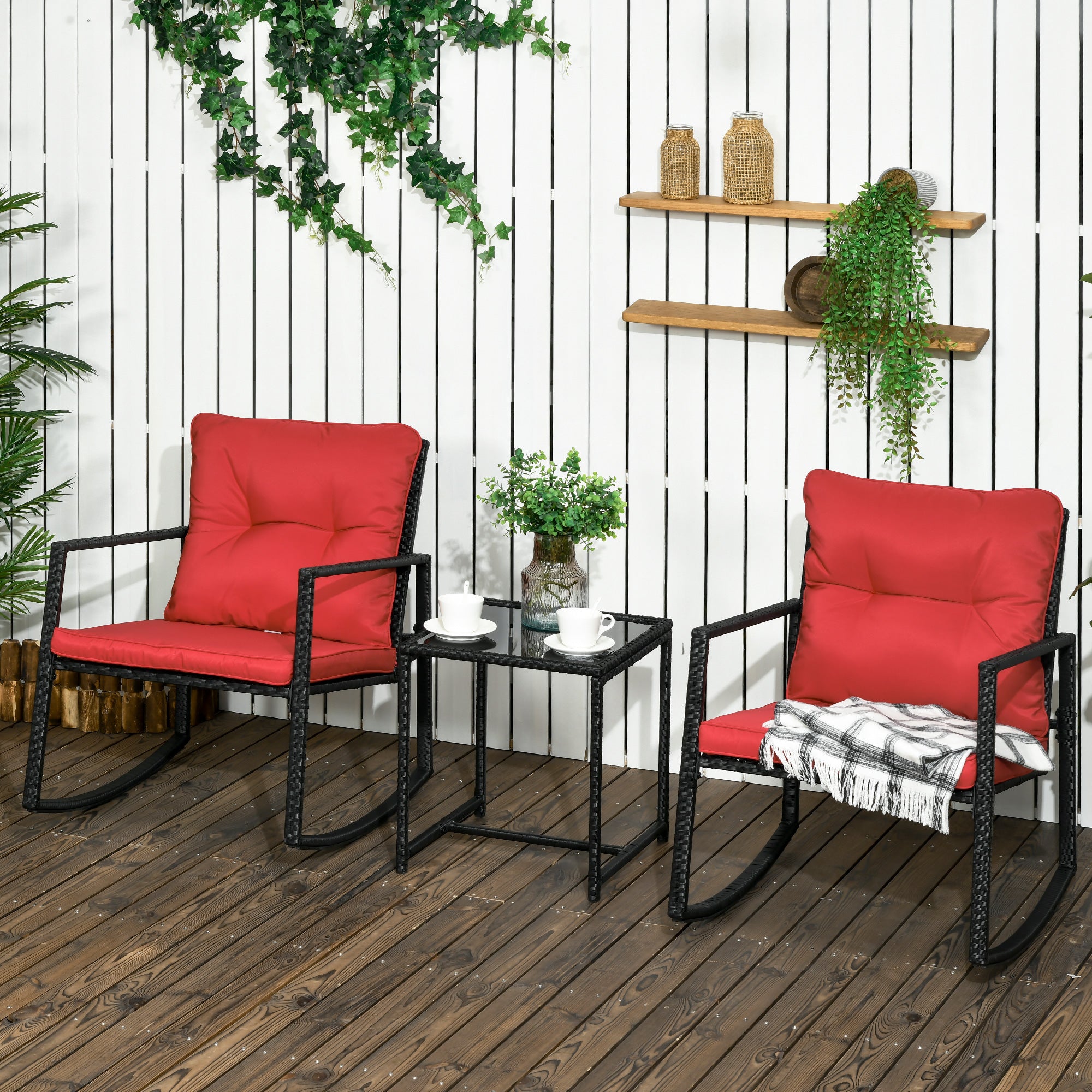Outsunny 3 Pieces Rocking Bistro Set, Outdoor Wicker Patio Furniture with Glass Coffee Table and Outside Rocking Chairs for Porch, Conversation Sets with Thick Cushions, Red