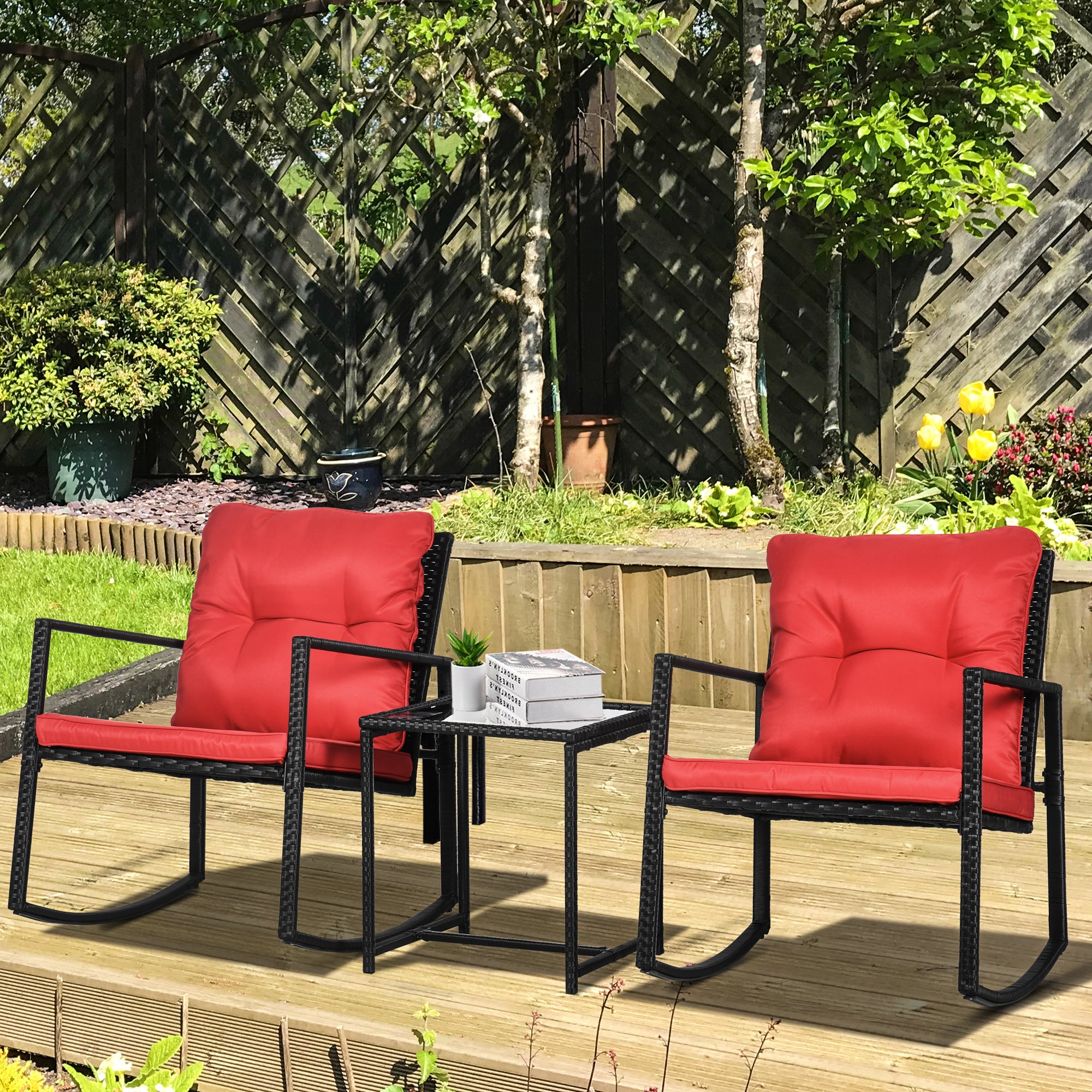Outsunny 3 Pieces Rocking Bistro Set, Outdoor Wicker Patio Furniture with Glass Coffee Table and Outside Rocking Chairs for Porch, Conversation Sets with Thick Cushions, Red