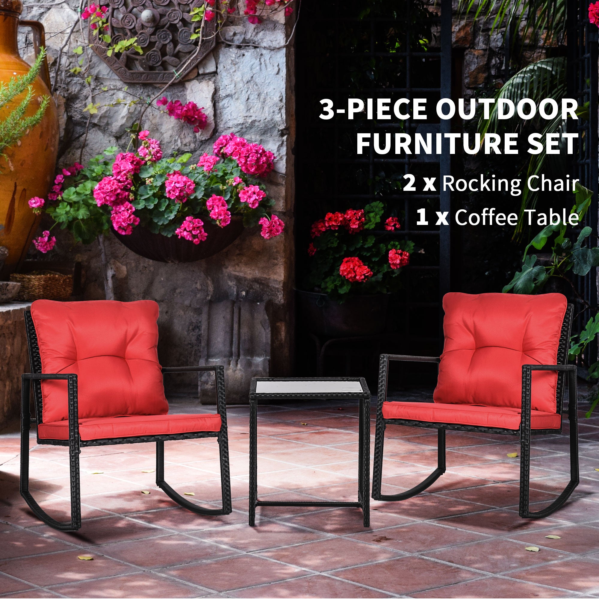 Outsunny 3 Pieces Rocking Bistro Set, Outdoor Wicker Patio Furniture with Glass Coffee Table and Outside Rocking Chairs for Porch, Conversation Sets with Thick Cushions, Red