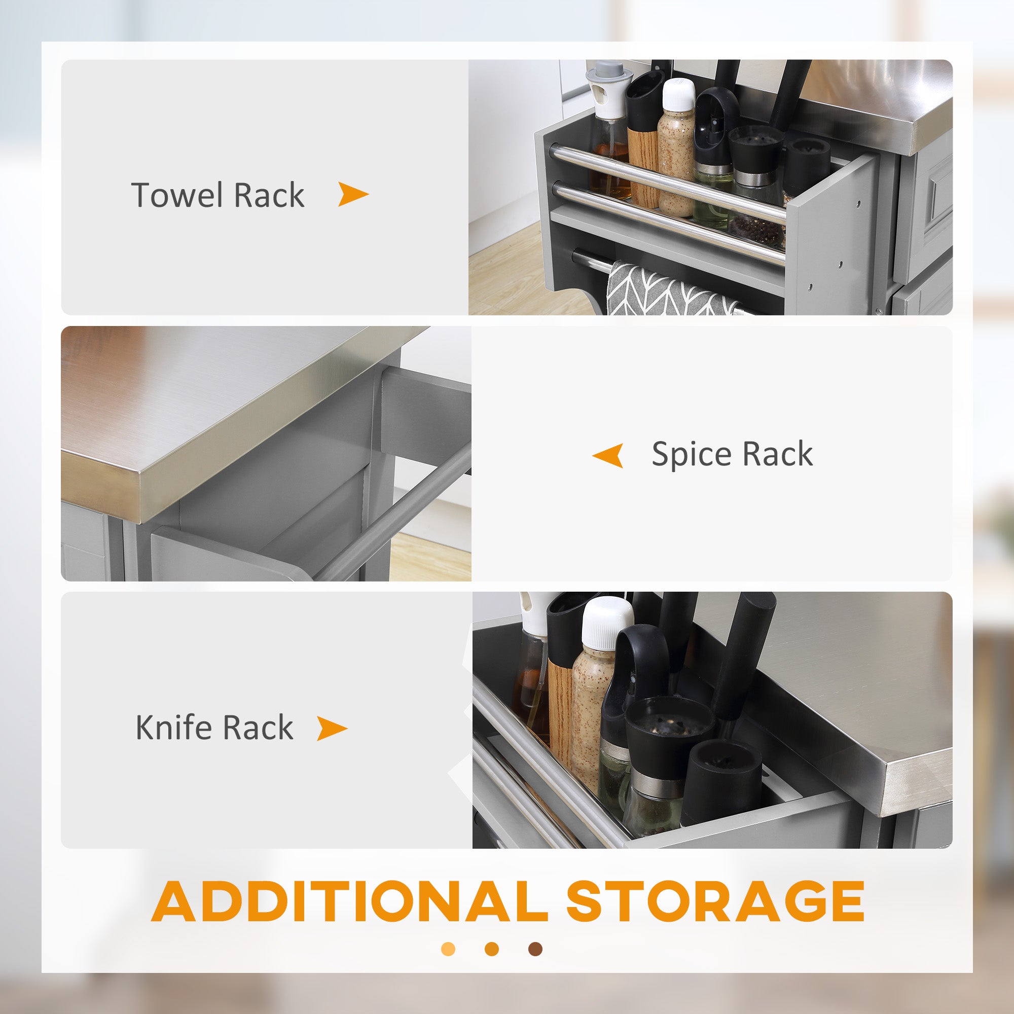 HOMCOM Kitchen Island with Storage, Rolling Kitchen Cart on Wheels with Stainless Steel Top, 2 Drawers, 2 Cabinets, Spice Rack, Knife and Towel Rack, Grey