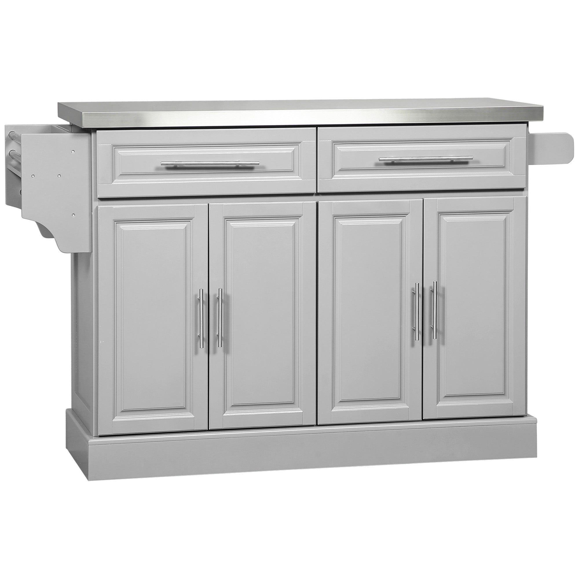 HOMCOM Kitchen Island with Storage, Rolling Kitchen Cart on Wheels with Stainless Steel Top, 2 Drawers, 2 Cabinets, Spice Rack, Knife and Towel Rack, Grey