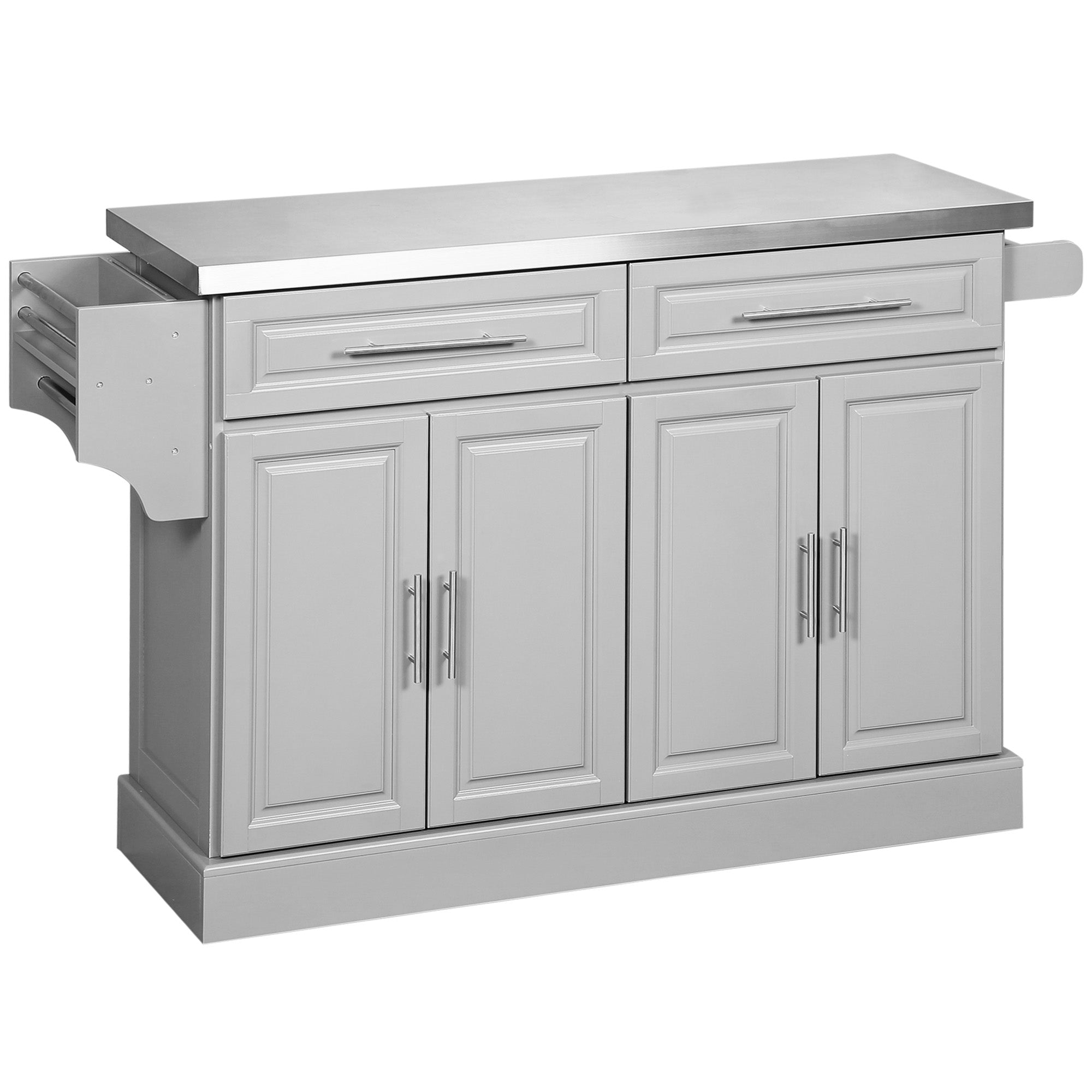 HOMCOM Kitchen Island with Storage, Rolling Kitchen Cart on Wheels with Stainless Steel Top, 2 Drawers, 2 Cabinets, Spice Rack, Knife and Towel Rack, Grey