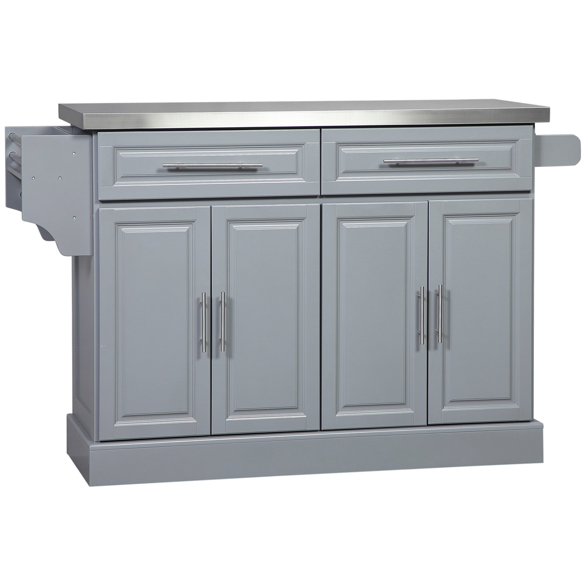 HOMCOM Kitchen Island with Storage, Rolling Kitchen Cart on Wheels with Stainless Steel Top, 2 Drawers, 2 Cabinets, Spice Rack, Knife and Towel Rack, Grey