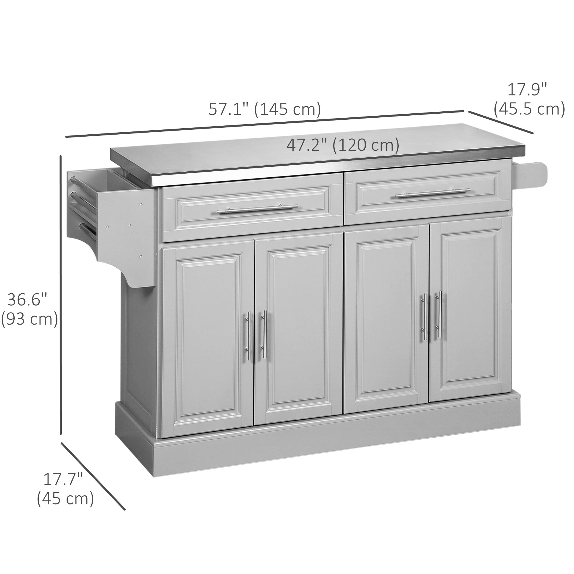 HOMCOM Kitchen Island with Storage, Rolling Kitchen Cart on Wheels with Stainless Steel Top, 2 Drawers, 2 Cabinets, Spice Rack, Knife and Towel Rack, Grey