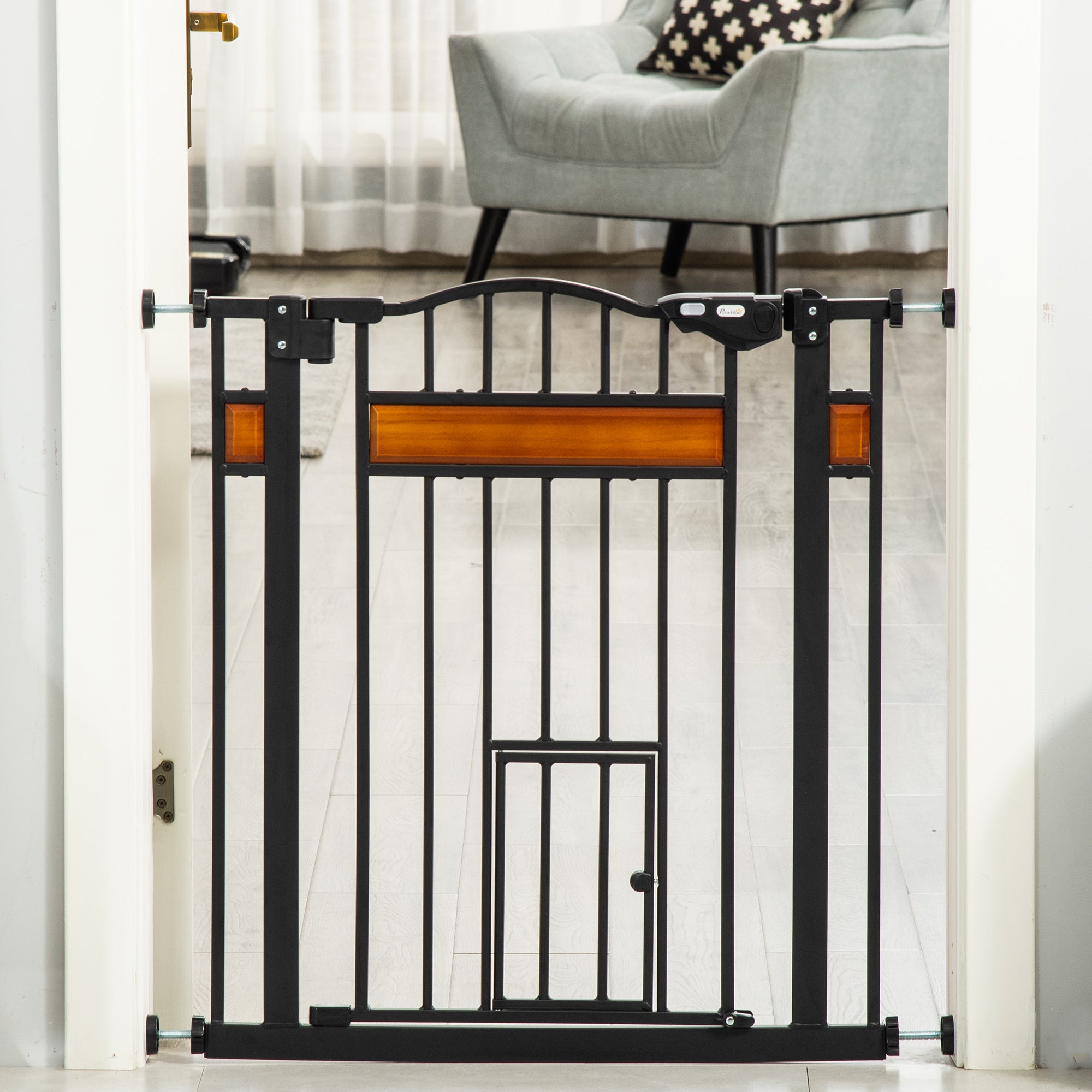 PawHut 29.1''-31.5'' Extra Wide Dog Gate with Cat Door with Stair Pressure Fit, Auto Close, Double Locking, for Doorways, Hallways, Stairs, Black