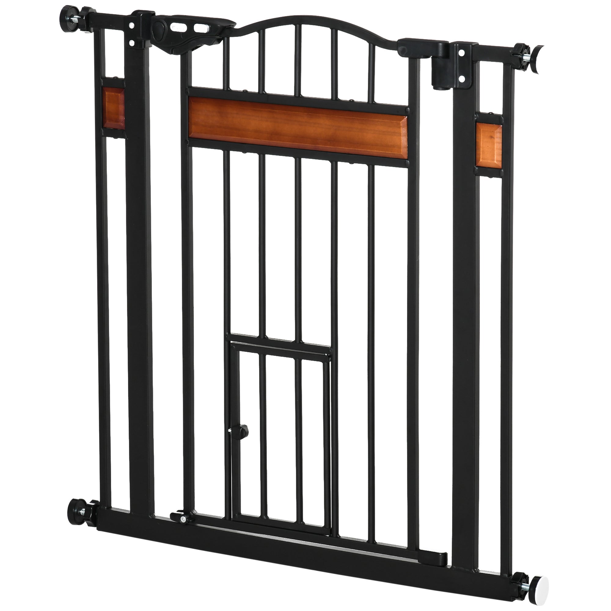 PawHut Dog Gate with Cat Flap Pet Safety Gate, Auto Close Double Locking Pine Wood Decoration, for Doorways Stairs Indoor, 74-80 cm Wide, Black