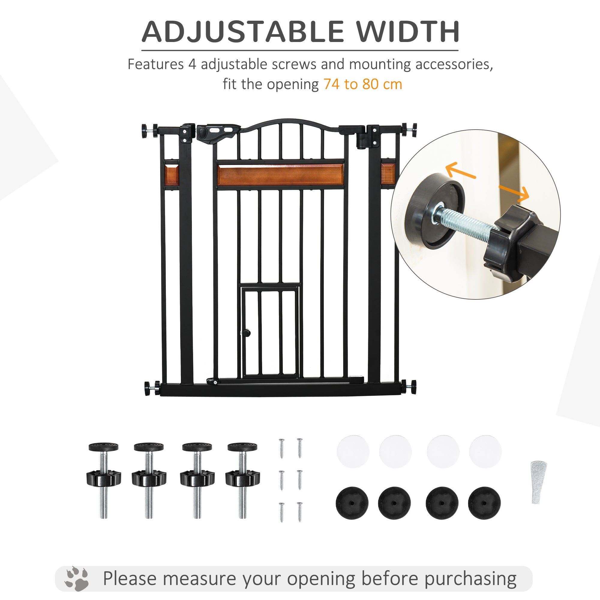 PawHut 29.1''-31.5'' Extra Wide Dog Gate with Cat Door with Stair Pressure Fit, Auto Close, Double Locking, for Doorways, Hallways, Stairs, Black