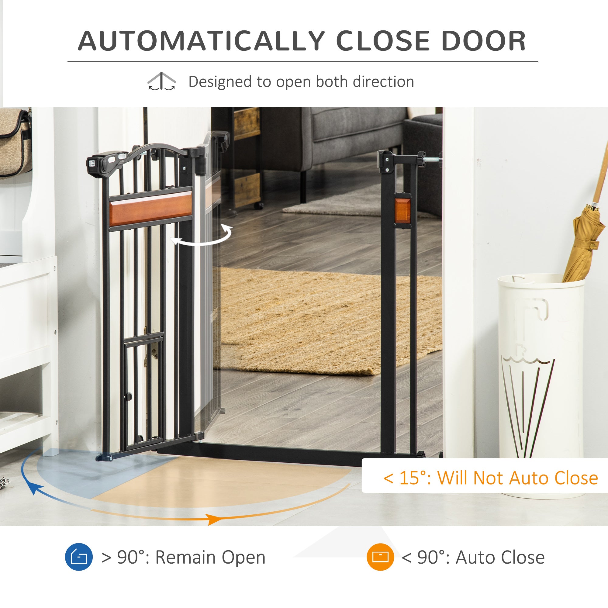 PawHut 29.1''-31.5'' Extra Wide Dog Gate with Cat Door with Stair Pressure Fit, Auto Close, Double Locking, for Doorways, Hallways, Stairs, Black