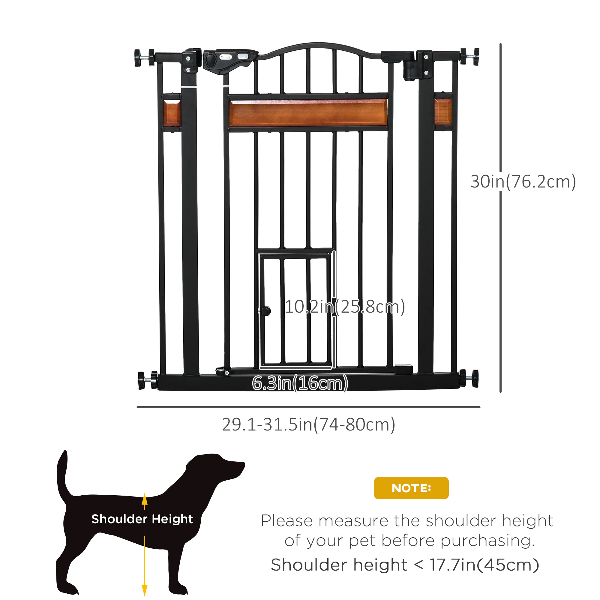 PawHut 29.1''-31.5'' Extra Wide Dog Gate with Cat Door with Stair Pressure Fit, Auto Close, Double Locking, for Doorways, Hallways, Stairs, Black