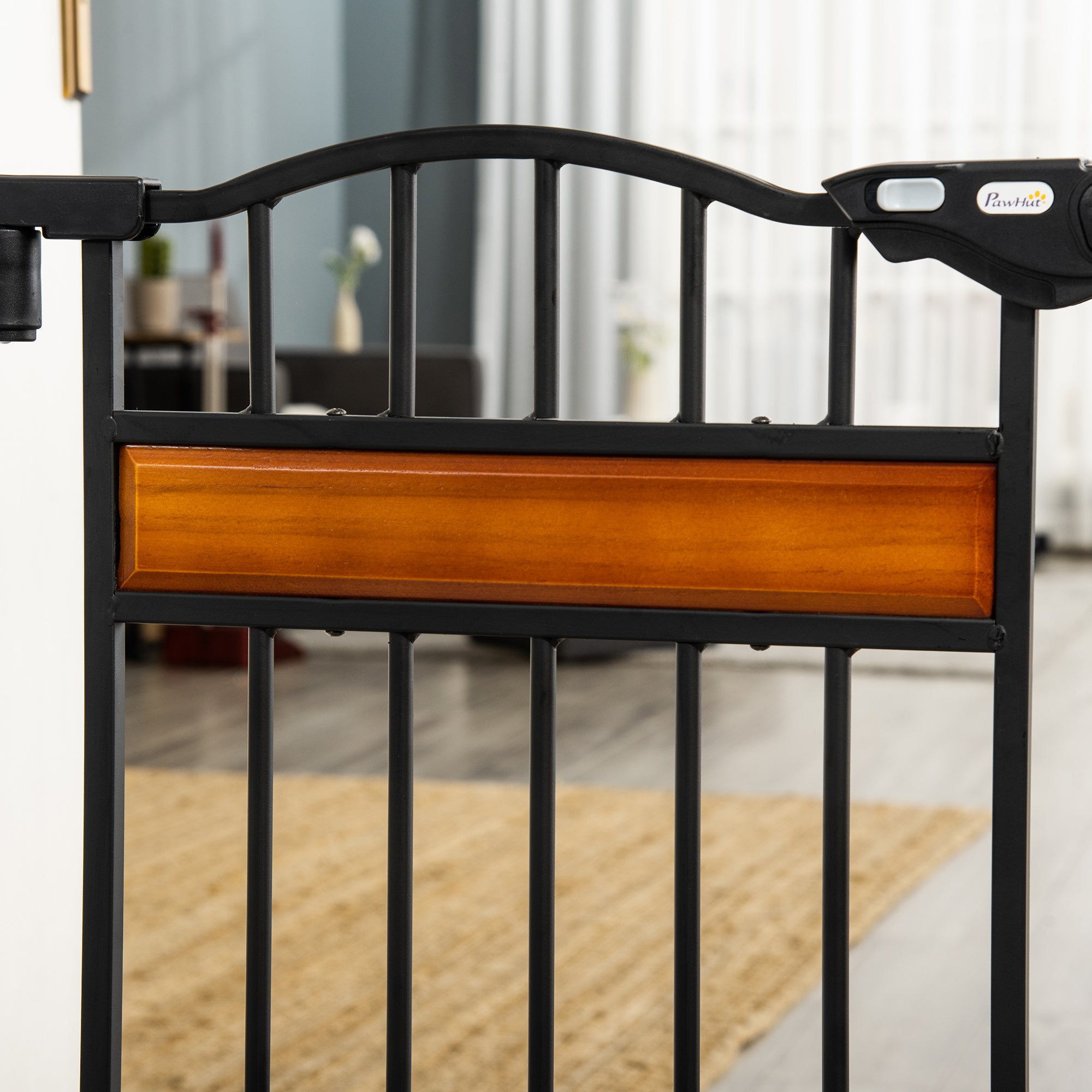 PawHut 29.1''-31.5'' Extra Wide Dog Gate with Cat Door with Stair Pressure Fit, Auto Close, Double Locking, for Doorways, Hallways, Stairs, Black