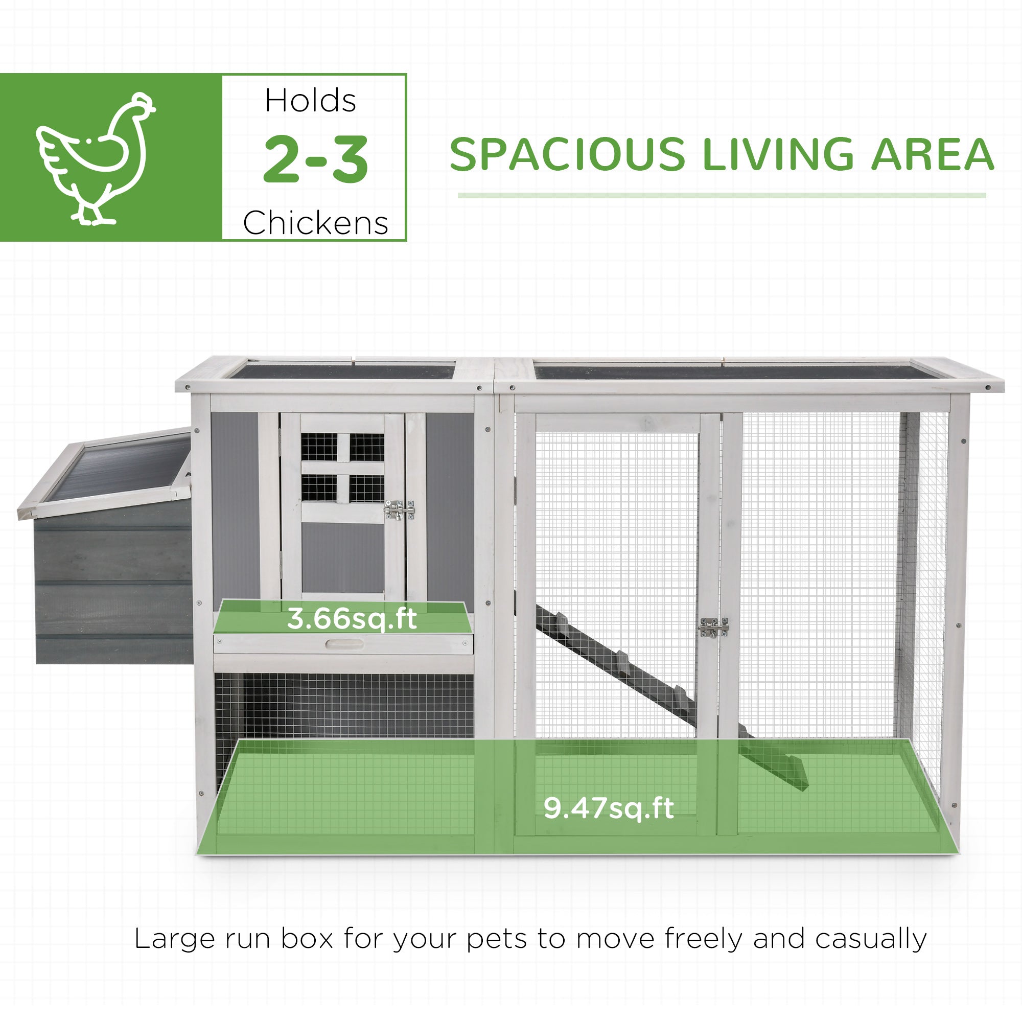 PawHut 64" Wooden Chicken Coop, Outdoor Hen House Poultry Cage with Outdoor Run, Nesting Box, Removable Tray, Openable Hollow Sheet Roof and Lockable Doors